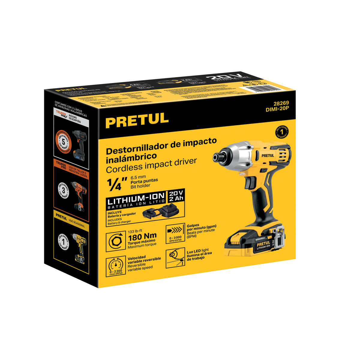 Destornillador de impacto inalámbrico 1/4', 20 V, Pretul