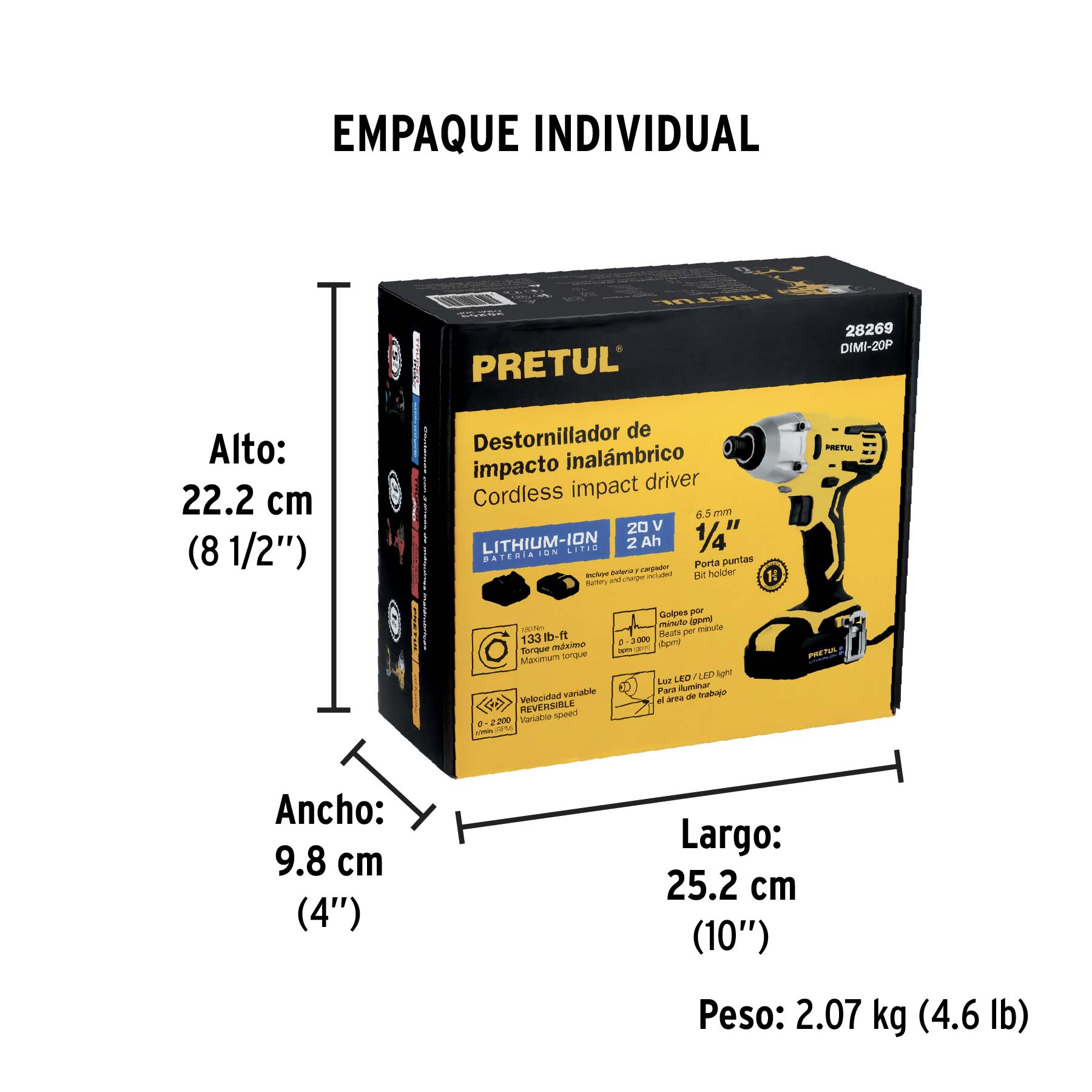 Destornillador de impacto inalámbrico 1/4', 20 V, Pretul
