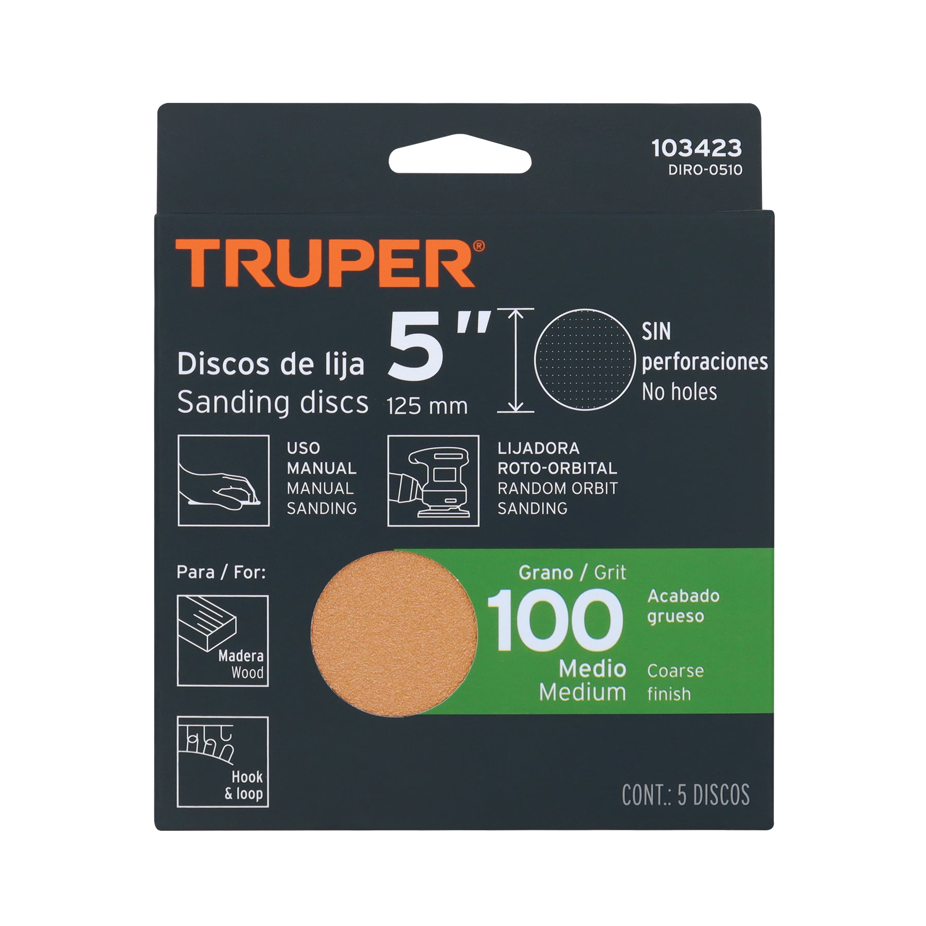 Caja 5 discos de lija p/madera 5' grano 100, velcro, s/perf.