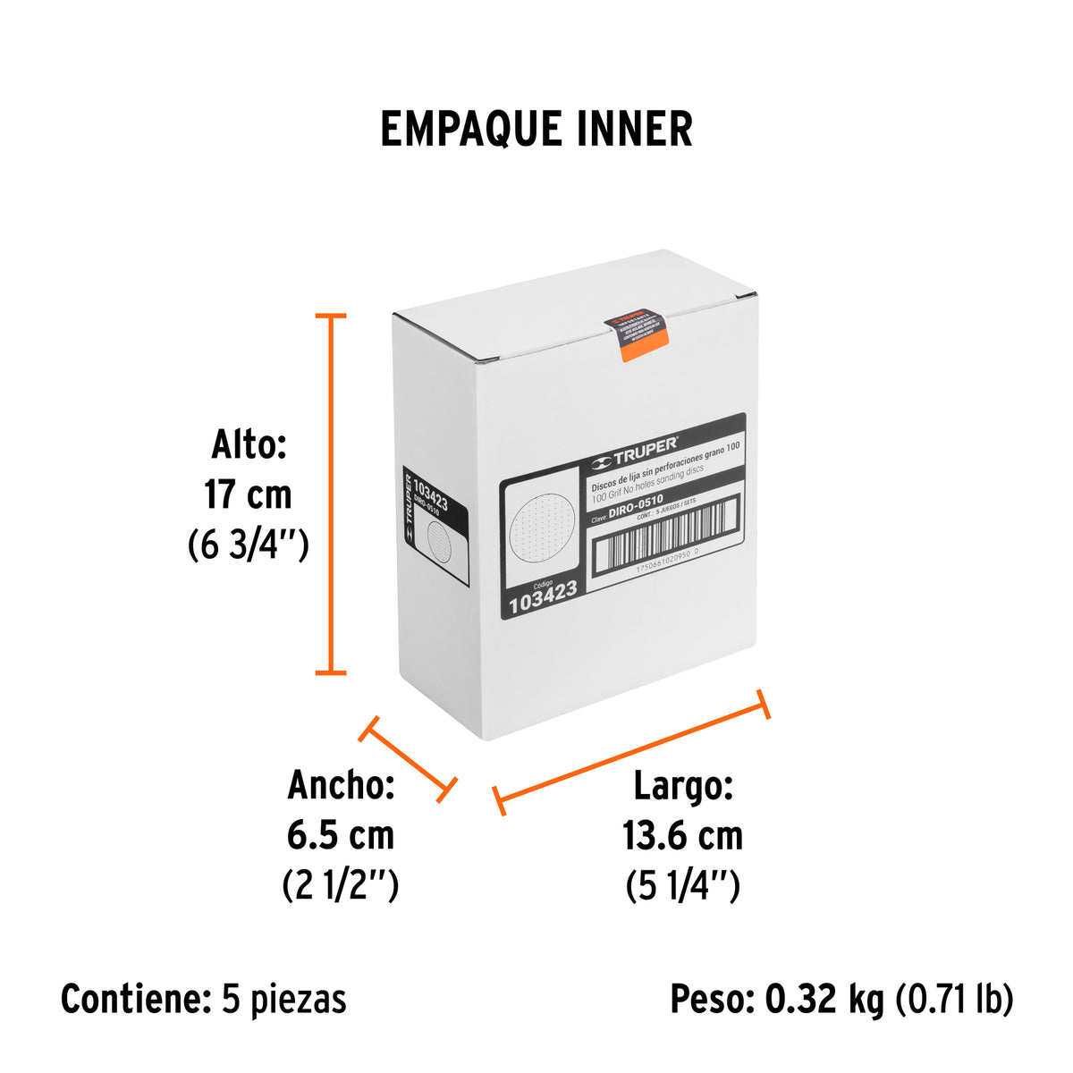 Caja 5 discos de lija p/madera 5' grano 100, velcro, s/perf.