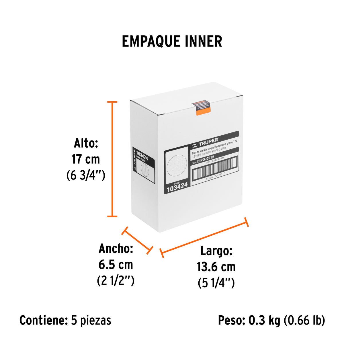 Caja 5 discos de lija p/madera 5' grano 120, velcro, s/perf.