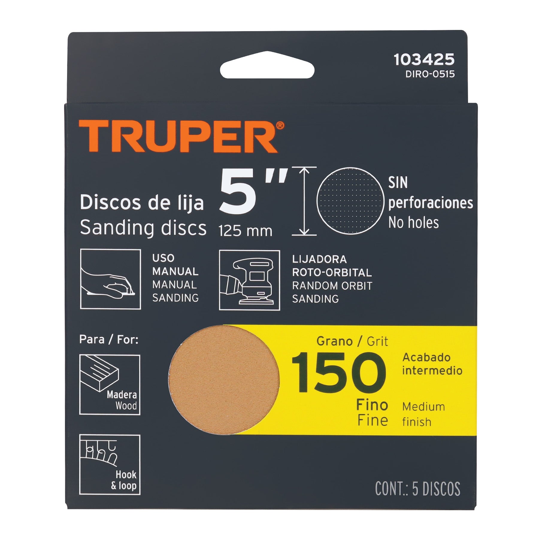 Caja 5 discos de lija p/madera 5' grano 150, velcro, s/perf.