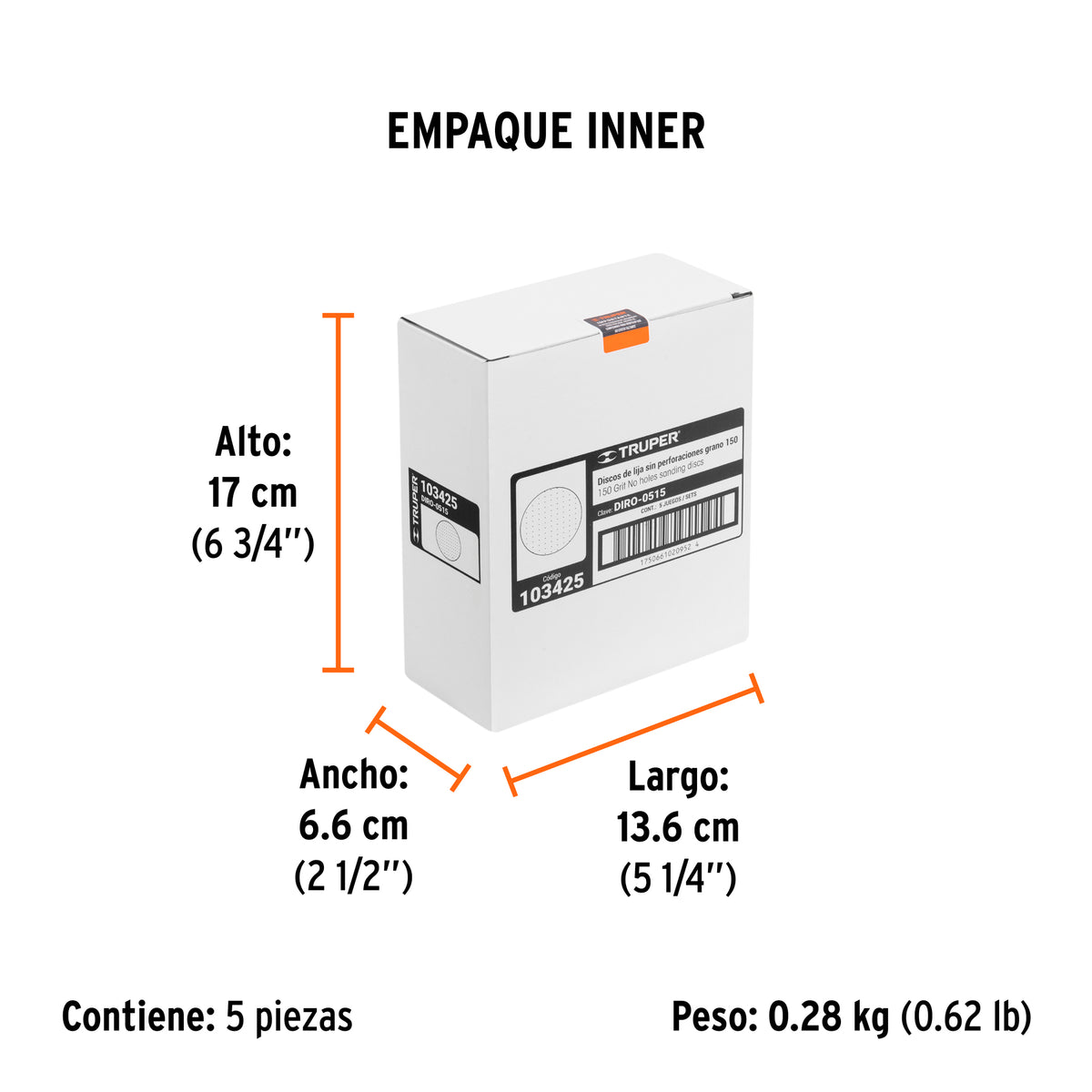 Caja 5 discos de lija p/madera 5' grano 150, velcro, s/perf.