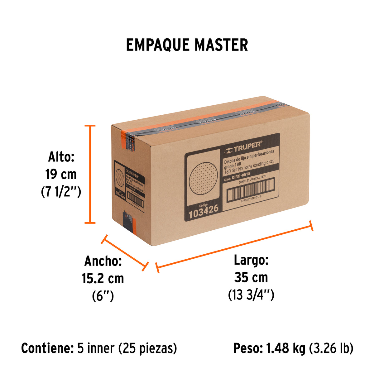Caja 5 discos de lija p/madera 5' grano 180, velcro, s/perf.