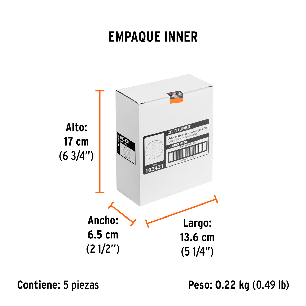 Caja 5 discos de lija p/madera 5' grano 600, velcro, s/perf.