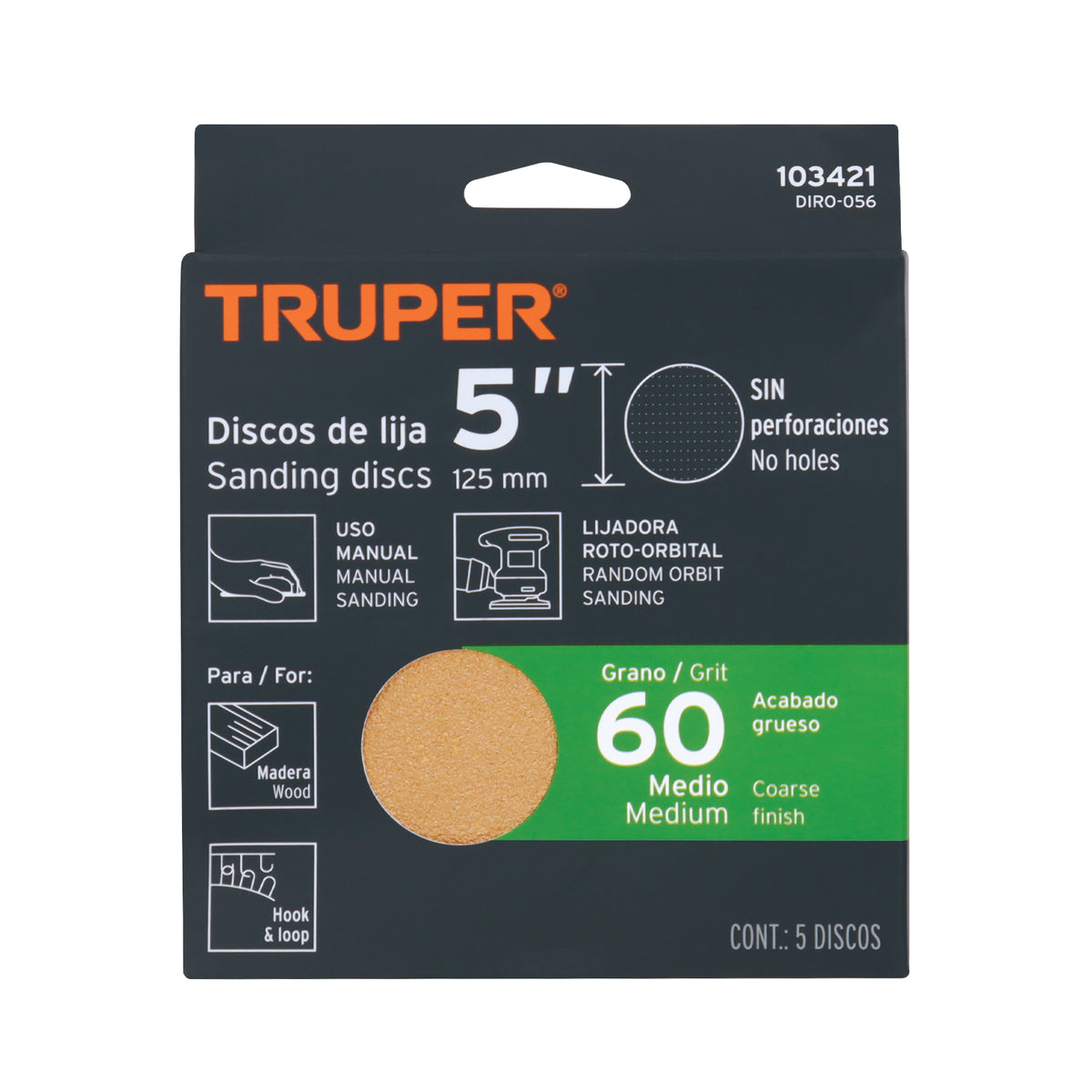 Caja 5 discos de lija p/madera 5' grano 60, velcro, s/perf.