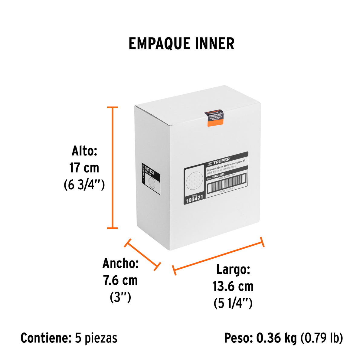 Caja 5 discos de lija p/madera 5' grano 60, velcro, s/perf.