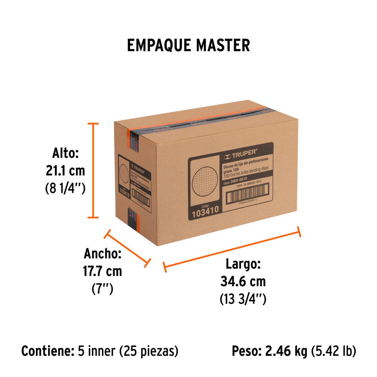 Caja 5 discos de lija p/madera 6' grano 100, velcro, s/perf.