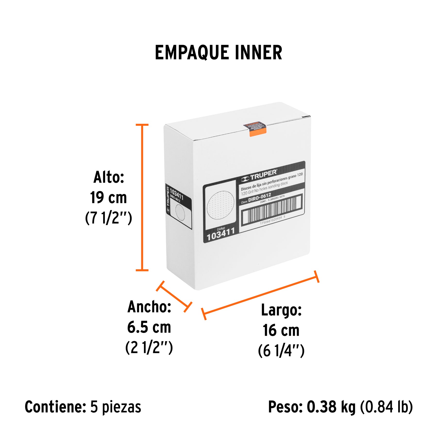 Caja 5 discos de lija p/madera 6' grano 120, velcro, s/perf.