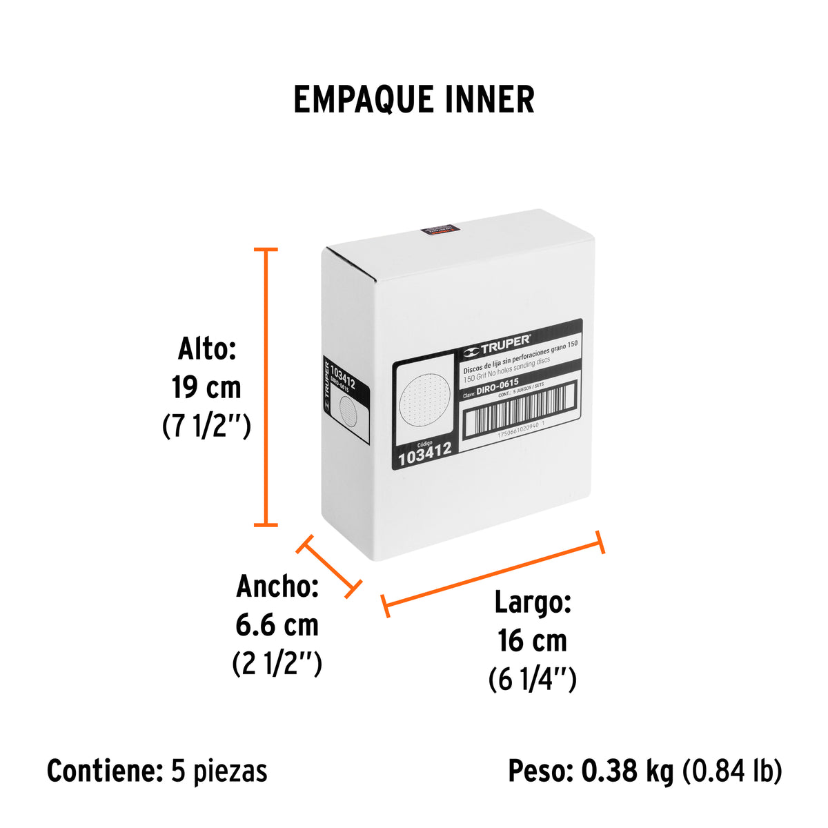 Caja 5 discos de lija p/madera 6' grano 150, velcro, s/perf.