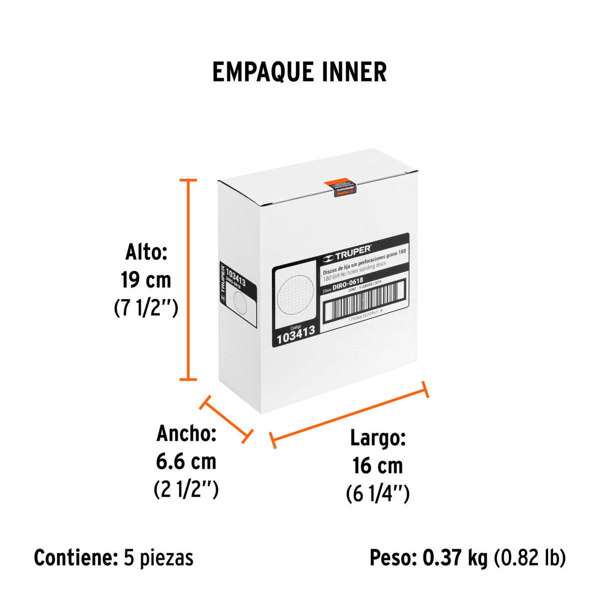 Caja 5 discos de lija p/madera 6' grano 180, velcro, s/perf.