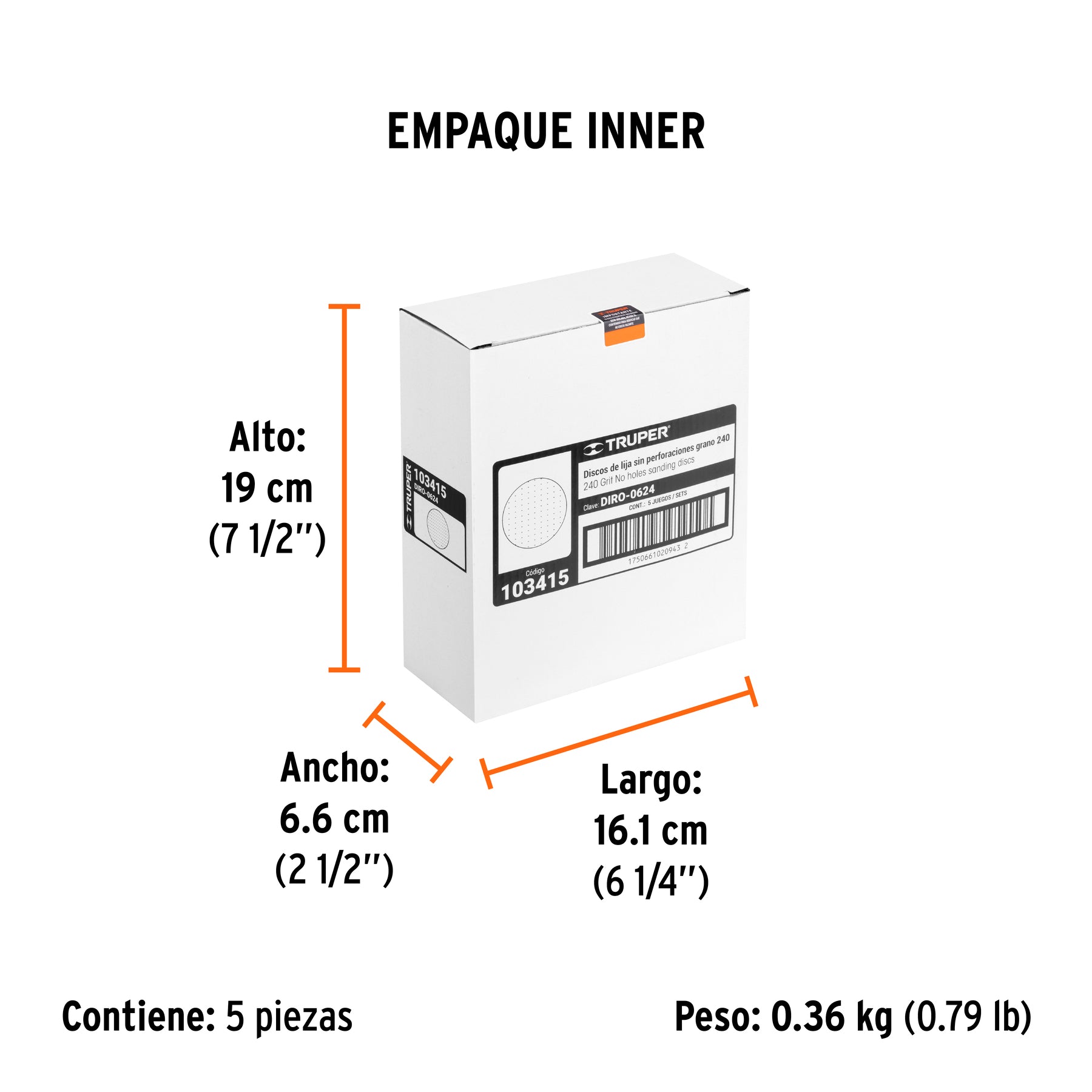 Caja 5 discos de lija p/madera 6' grano 240, velcro, s/perf.
