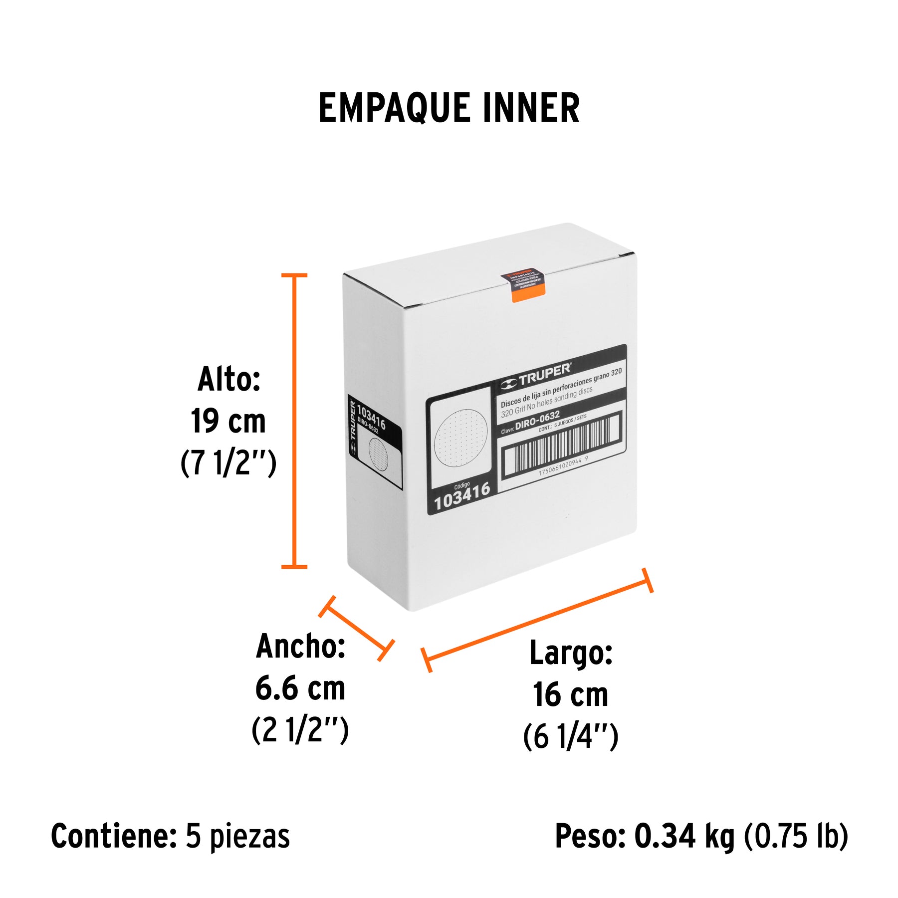 Caja 5 discos de lija p/madera 6' grano 320, velcro, s/perf.
