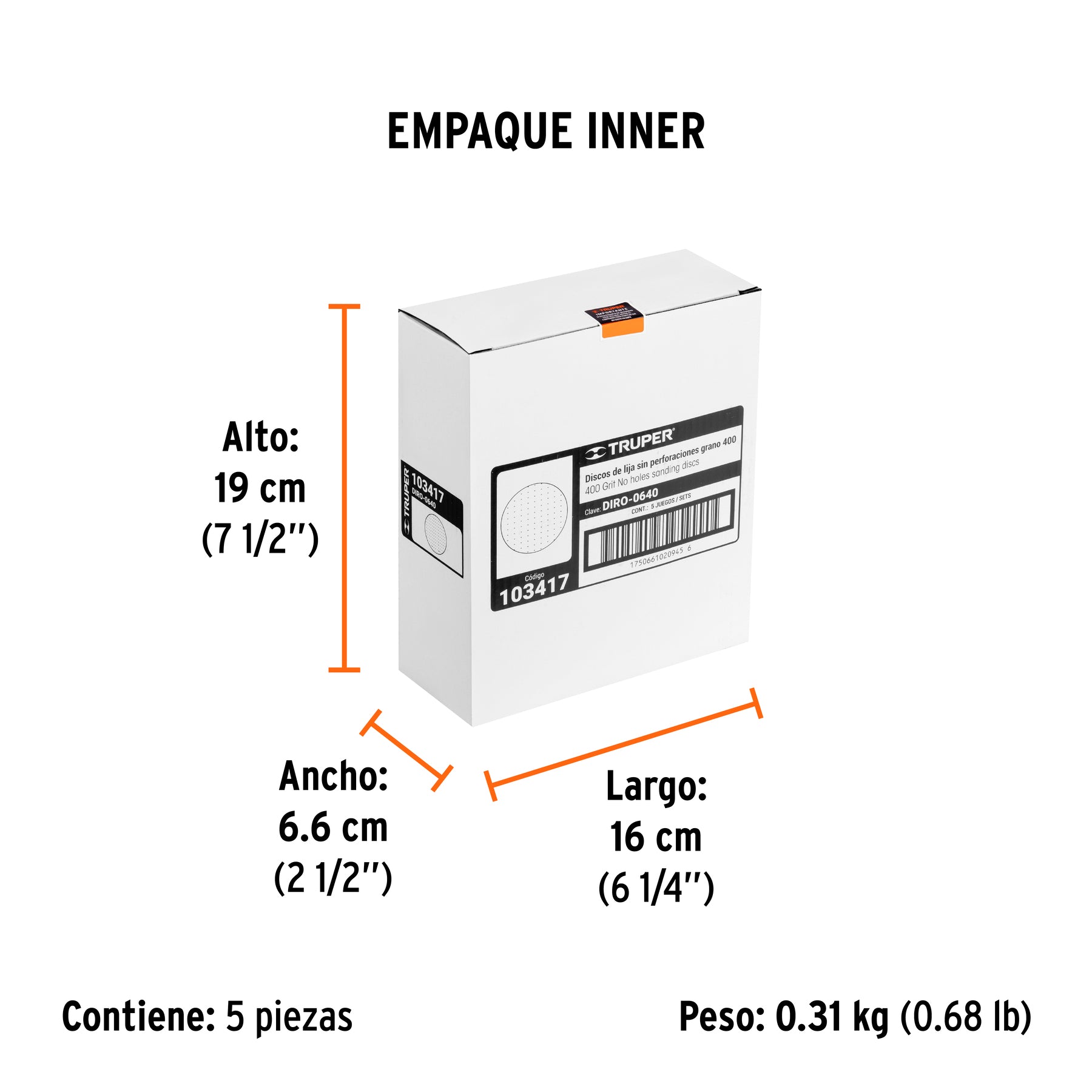 Caja 5 discos de lija p/madera 6' grano 400, velcro, s/perf.