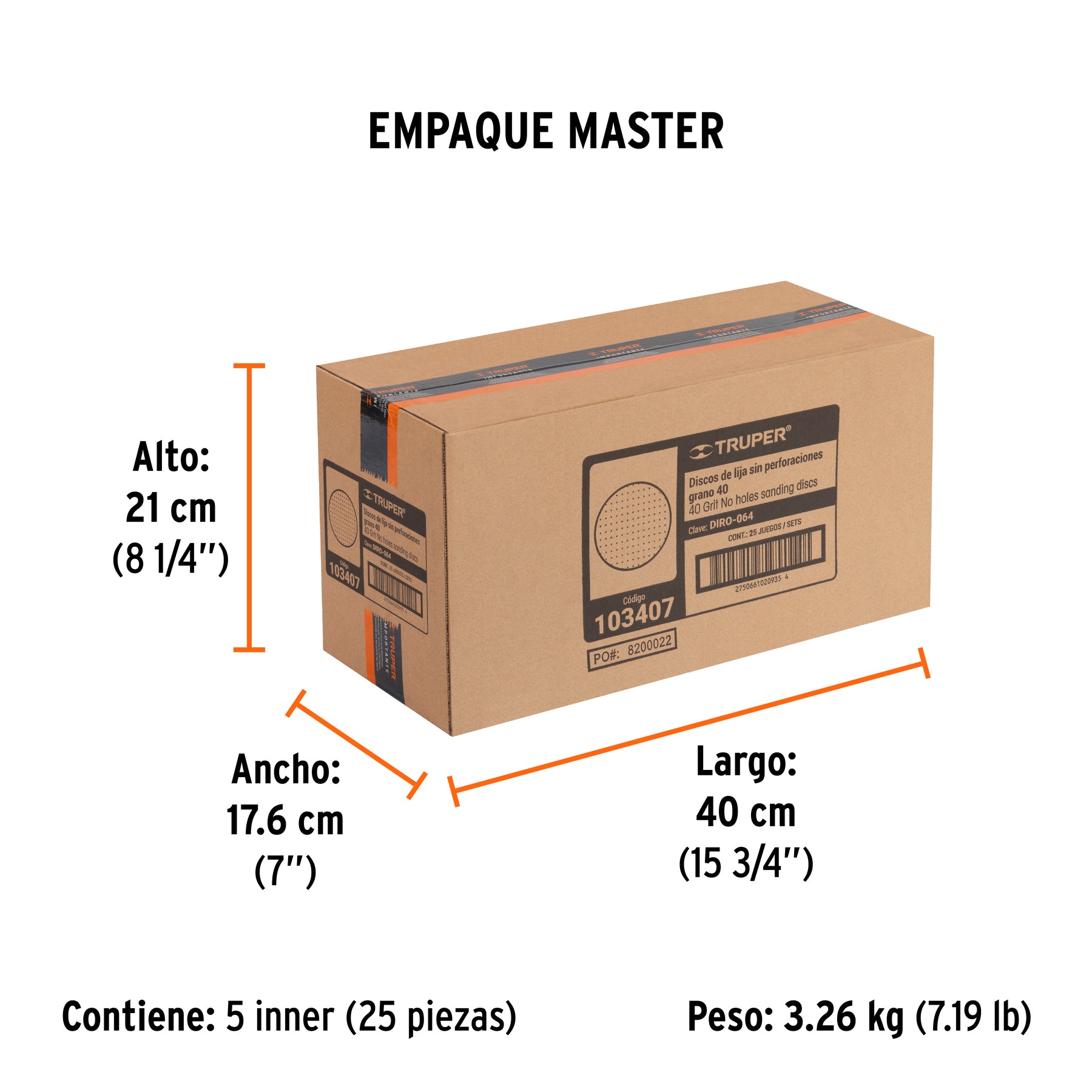 Caja 5 discos de lija p/madera 6' grano 40, velcro, s/perf.