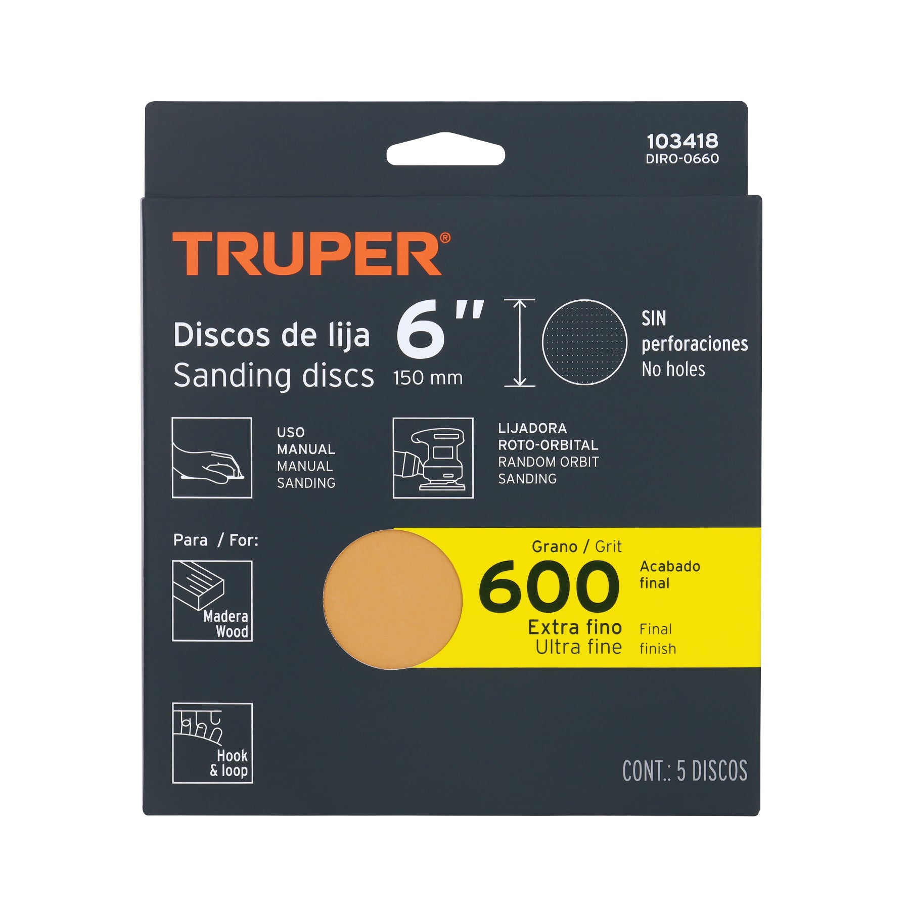 Caja 5 discos de lija p/madera 6' grano 600, velcro, s/perf.