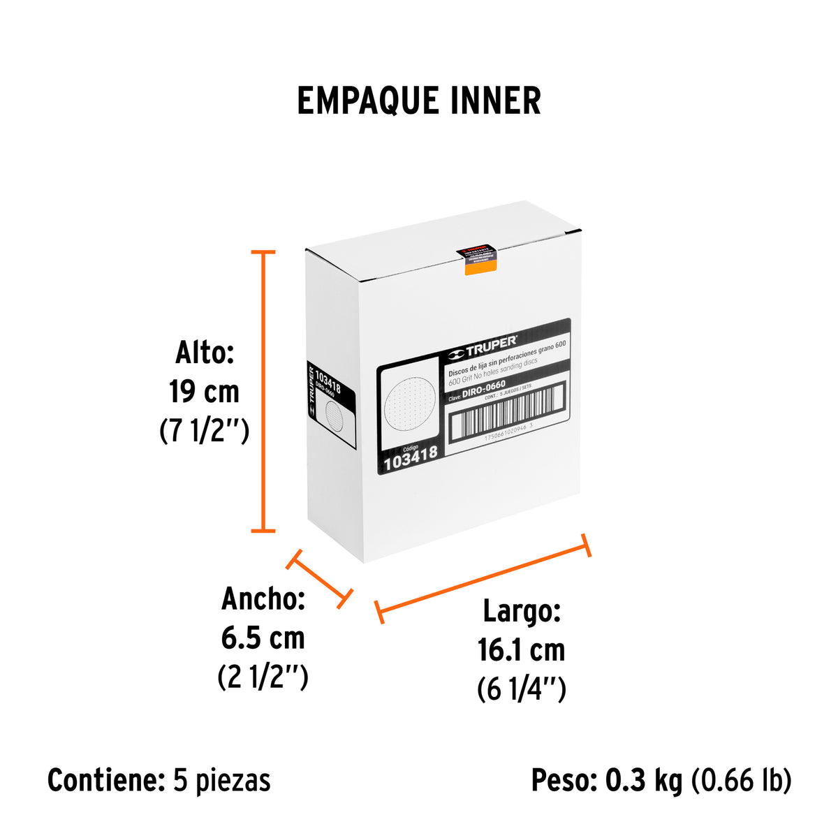 Caja 5 discos de lija p/madera 6' grano 600, velcro, s/perf.