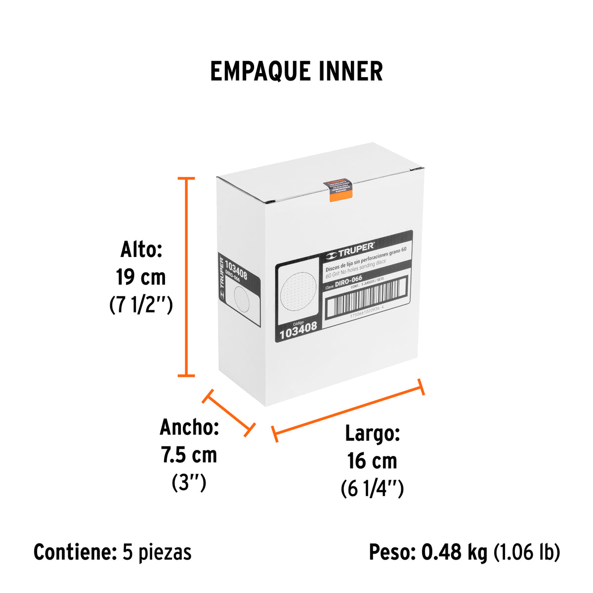 Caja 5 discos de lija p/madera 6' grano 60, velcro, s/perf.