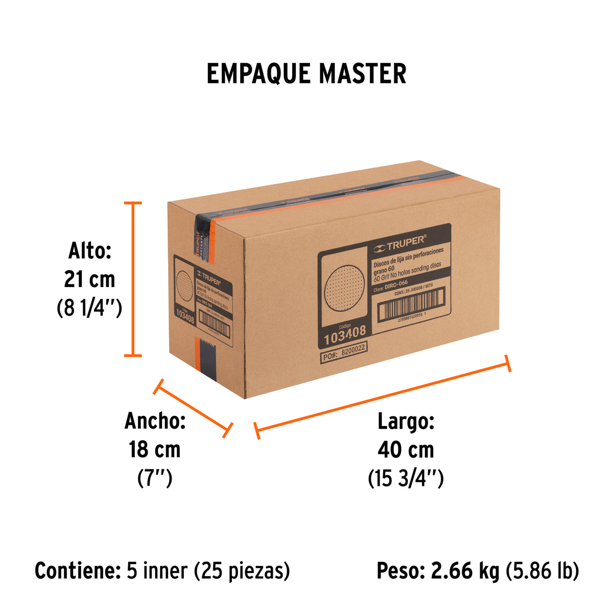 Caja 5 discos de lija p/madera 6' grano 60, velcro, s/perf.