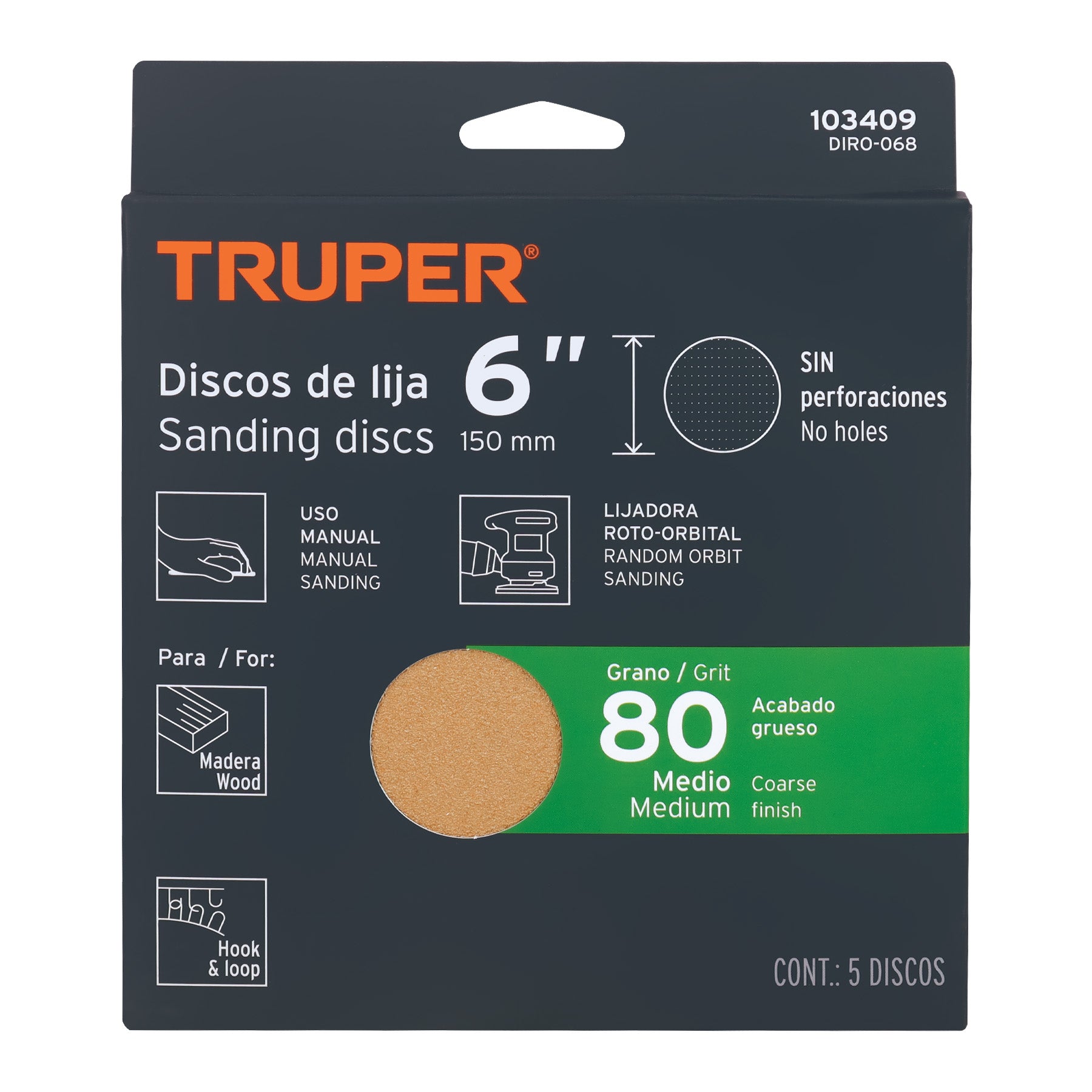 Caja 5 discos de lija p/madera 6' grano 80, velcro, s/perf.