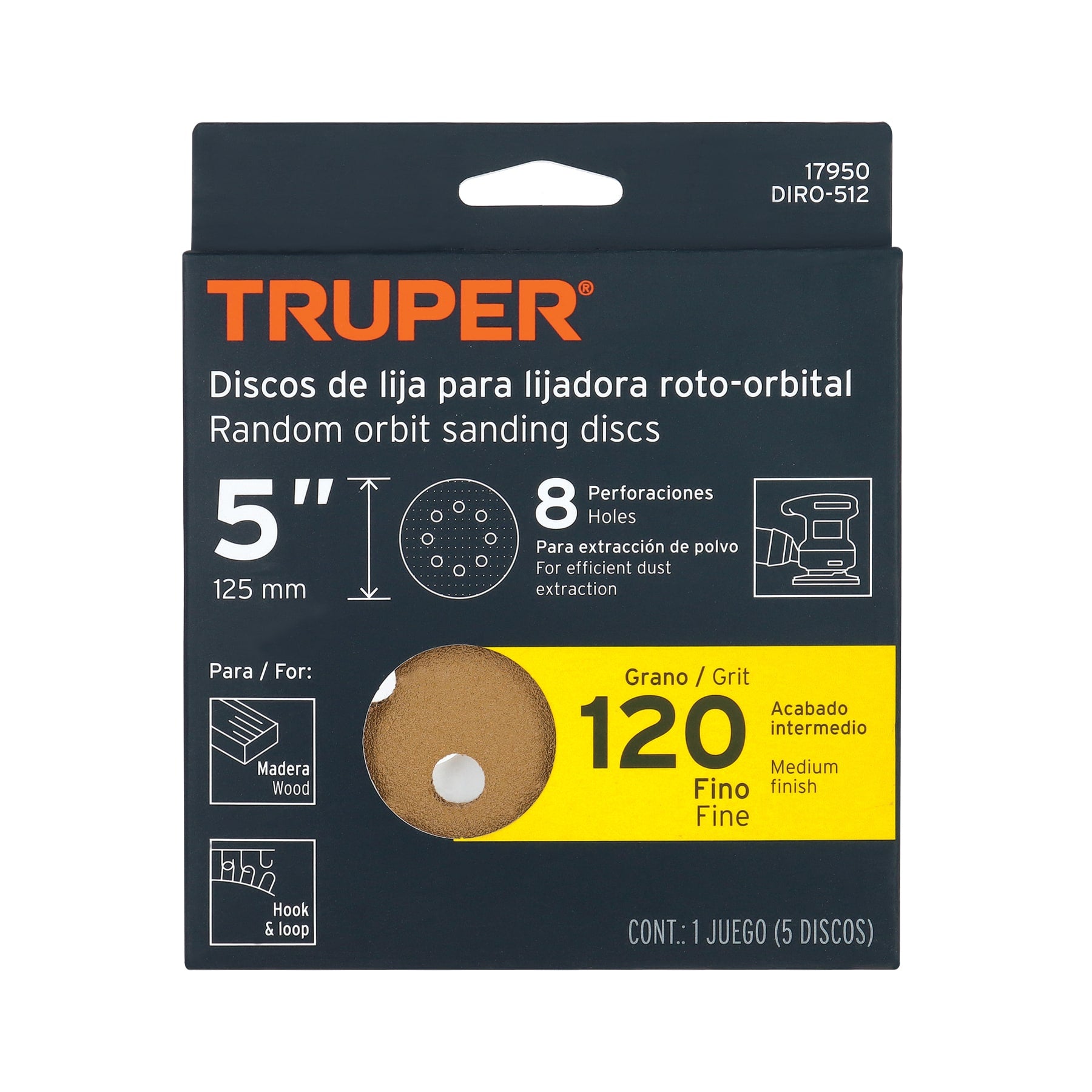 Discos de lija roto orbital 5",grano 120, 8 orificios, 5pzas