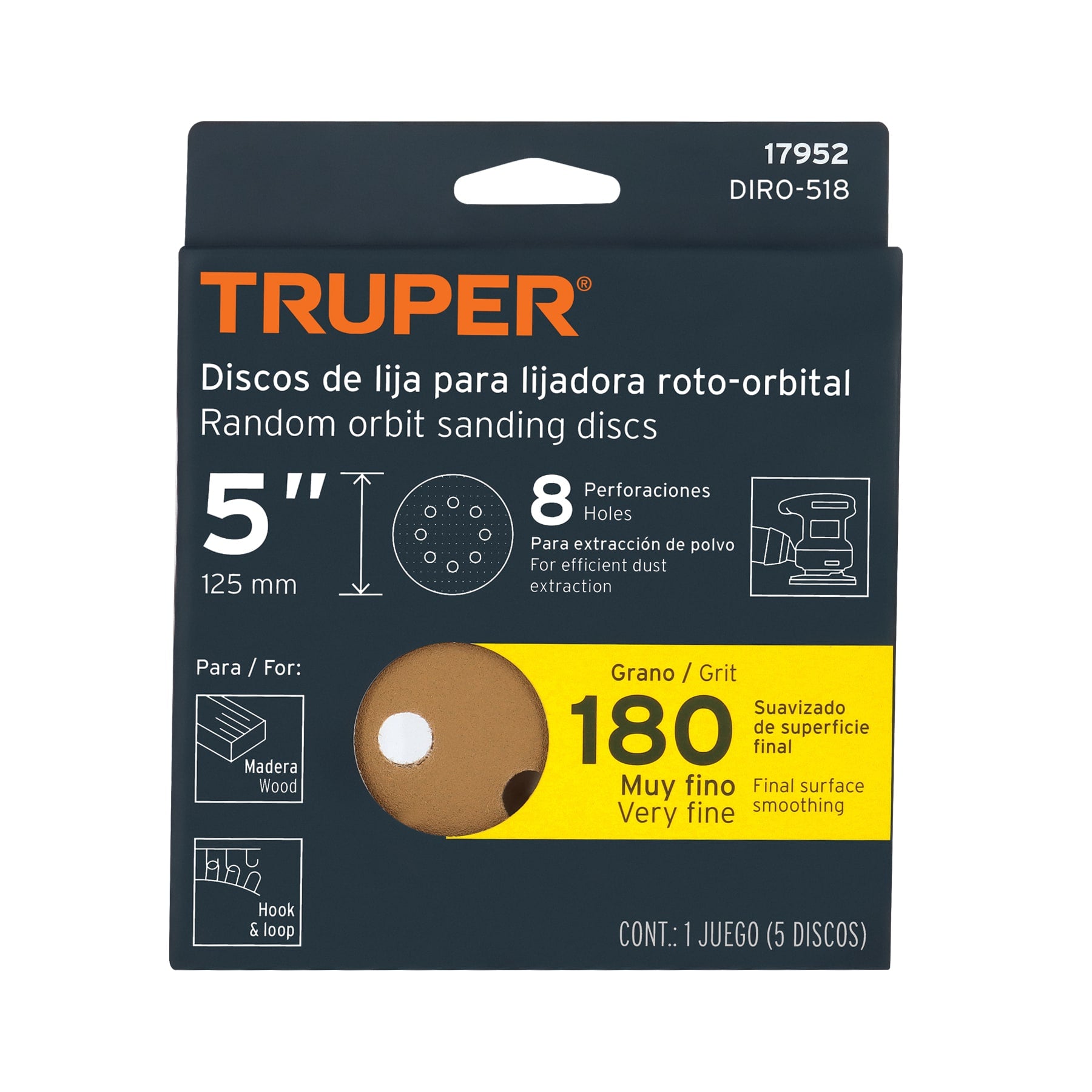 Discos de lija roto orbital 5",grano 180, 8 orificios, 5pzas