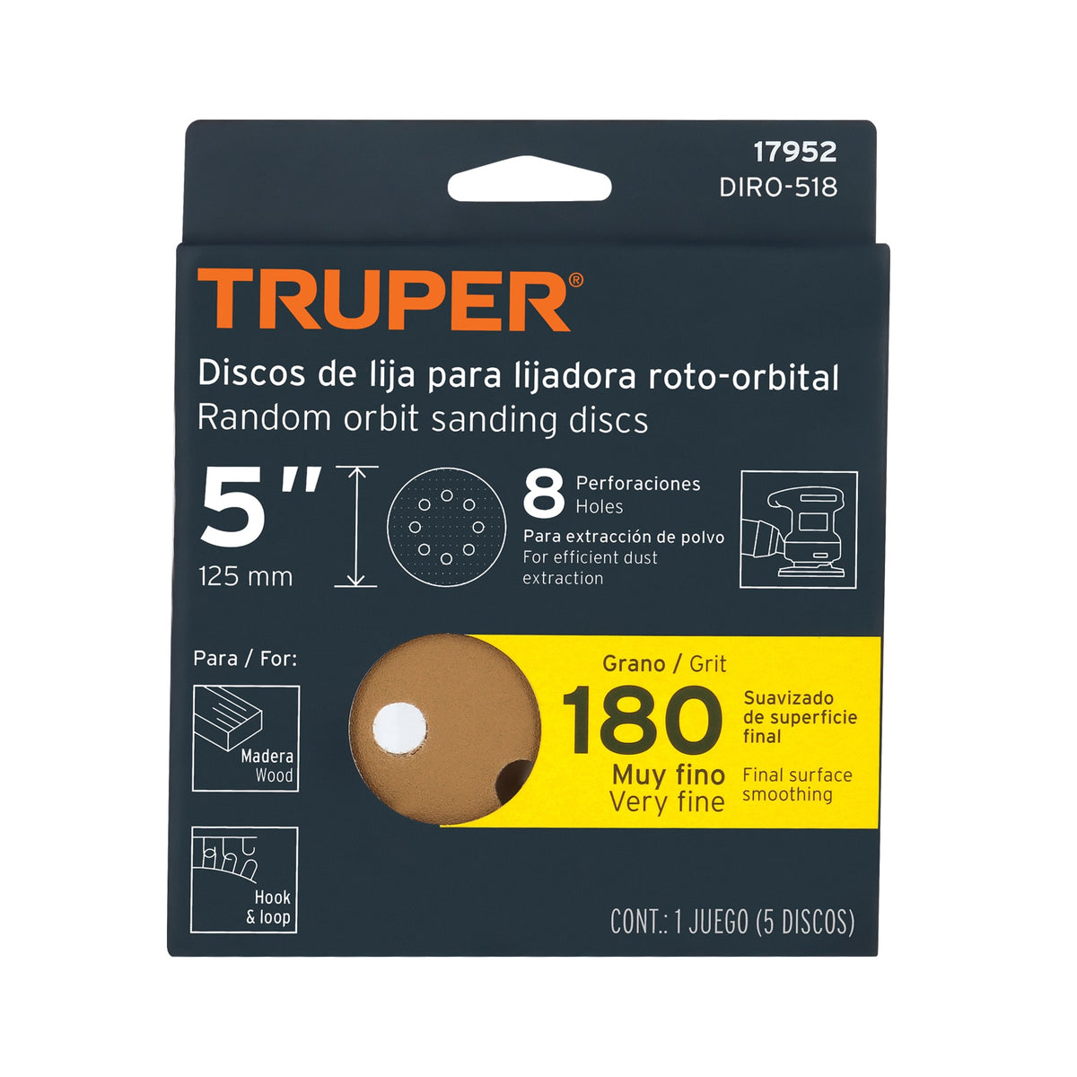 Discos de lija roto orbital 5",grano 180, 8 orificios, 5pzas