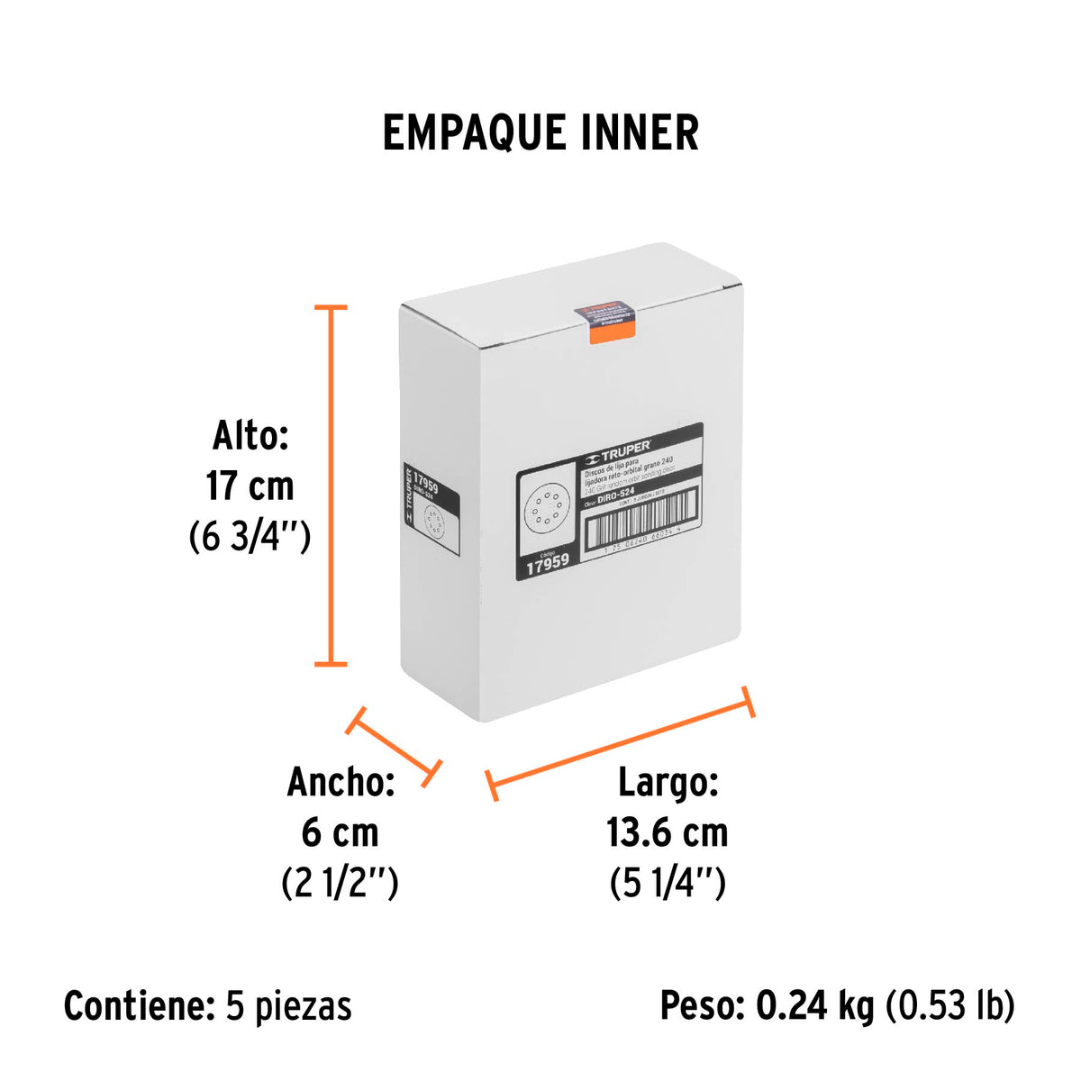 Discos de lija roto orbital 5",grano 240, 8 orificios, 5pzas