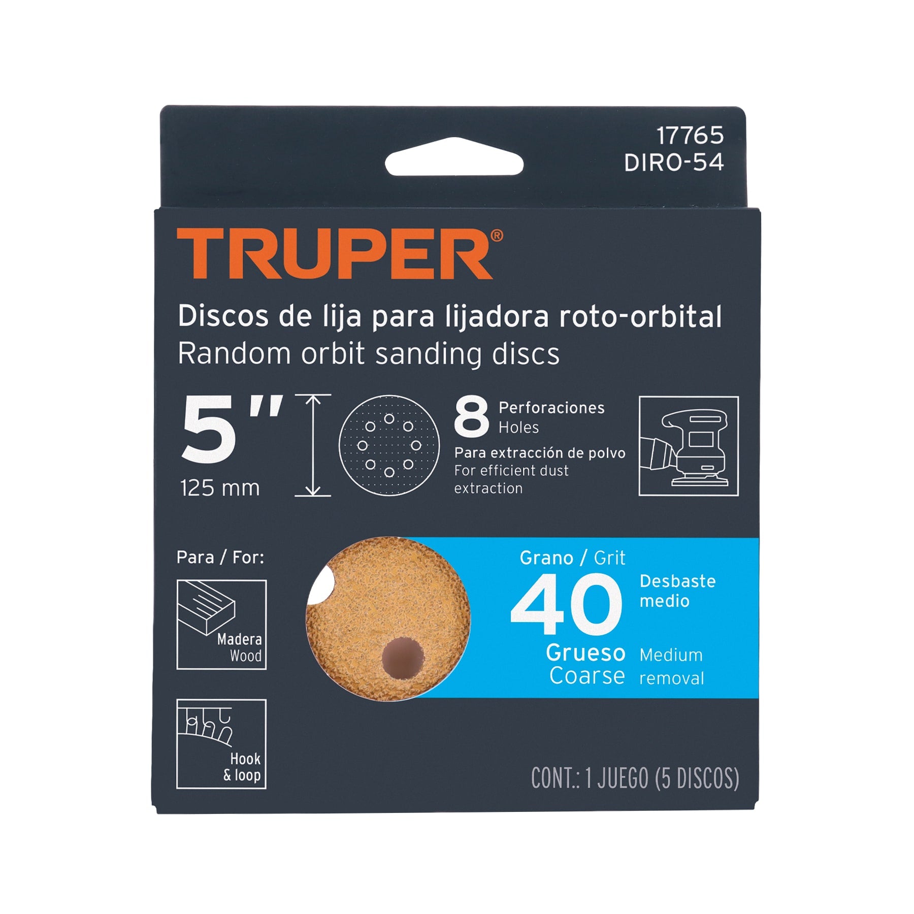 Discos de lija roto orbital 5", grano 40, 8 orificios, 5pzas
