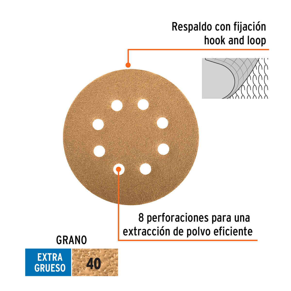 Discos de lija roto orbital 5", grano 40, 8 orificios, 5pzas