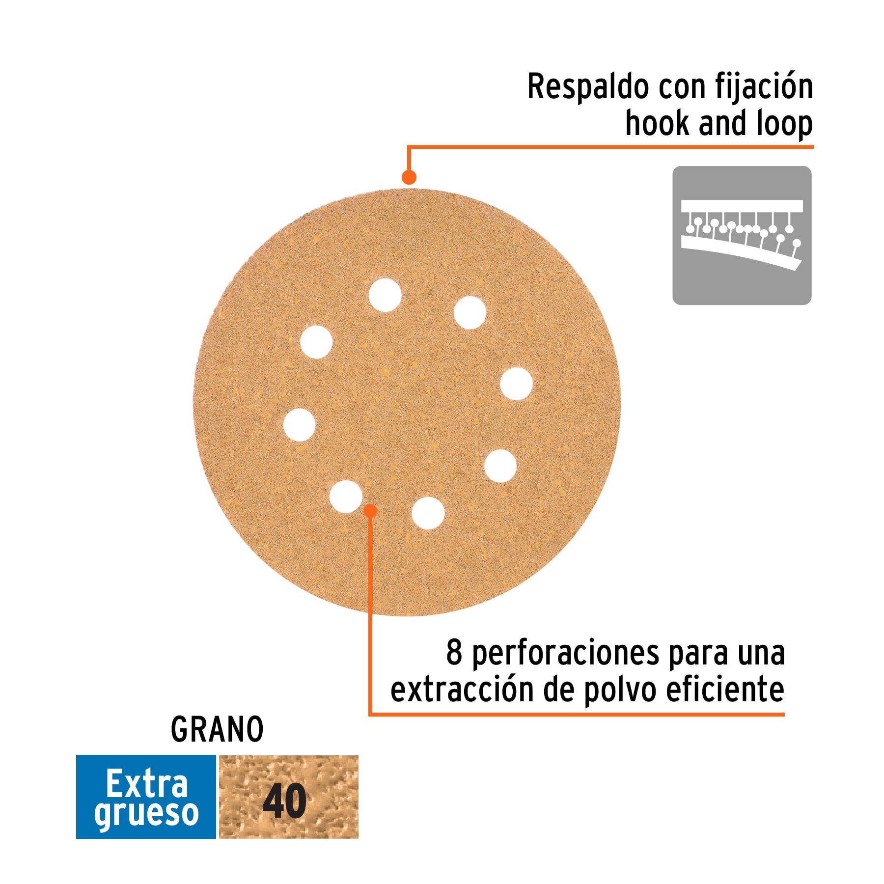 Discos de lija roto orbital 5", grano 40, 8 orificios, 5pzas