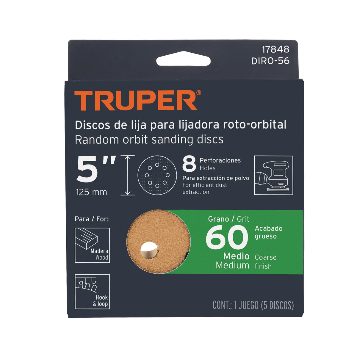 Discos de lija roto orbital 5", grano 60, 8 orificios, 5pzas