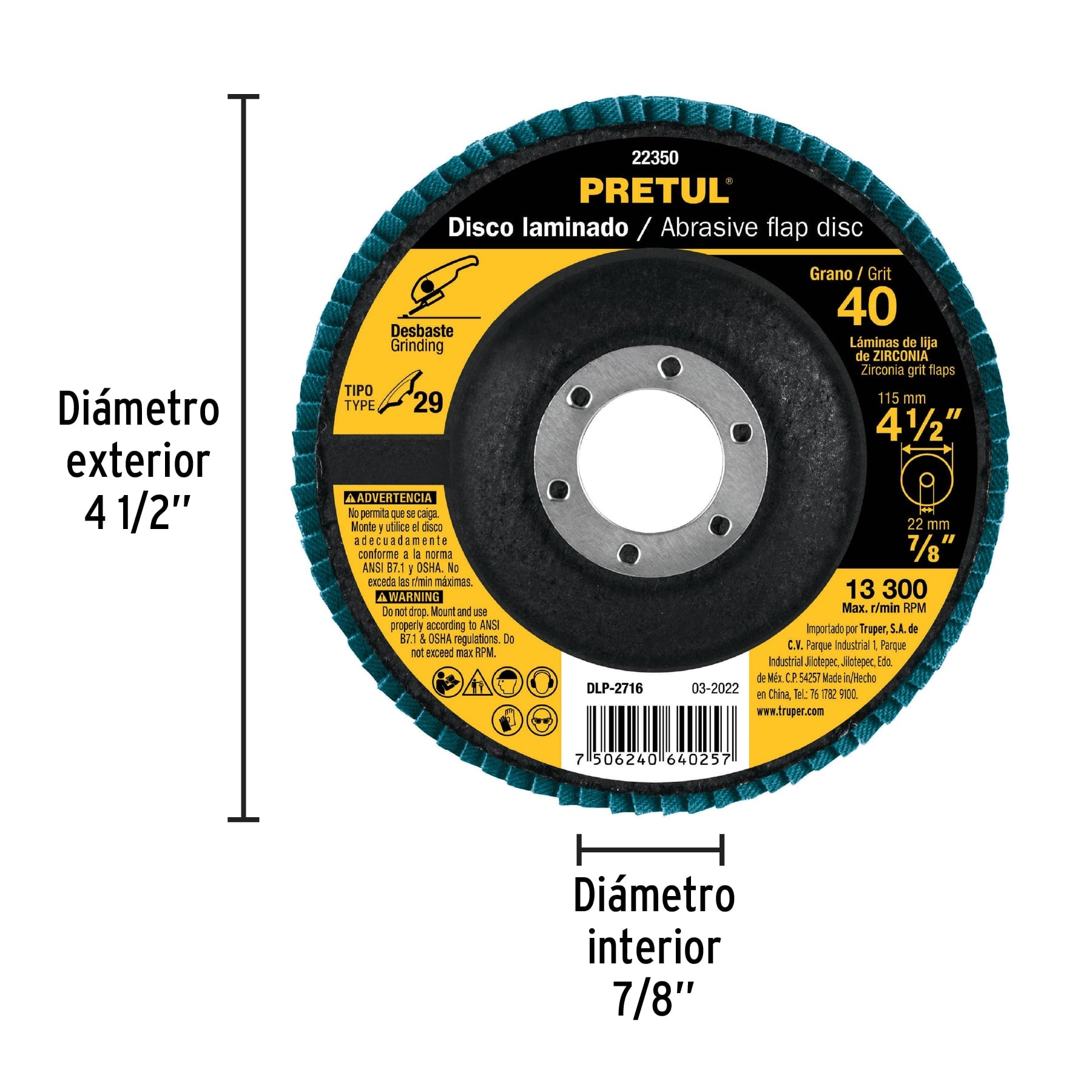 Disco laminado, 4-1/2", grano 40, centro 7/8", Pretul