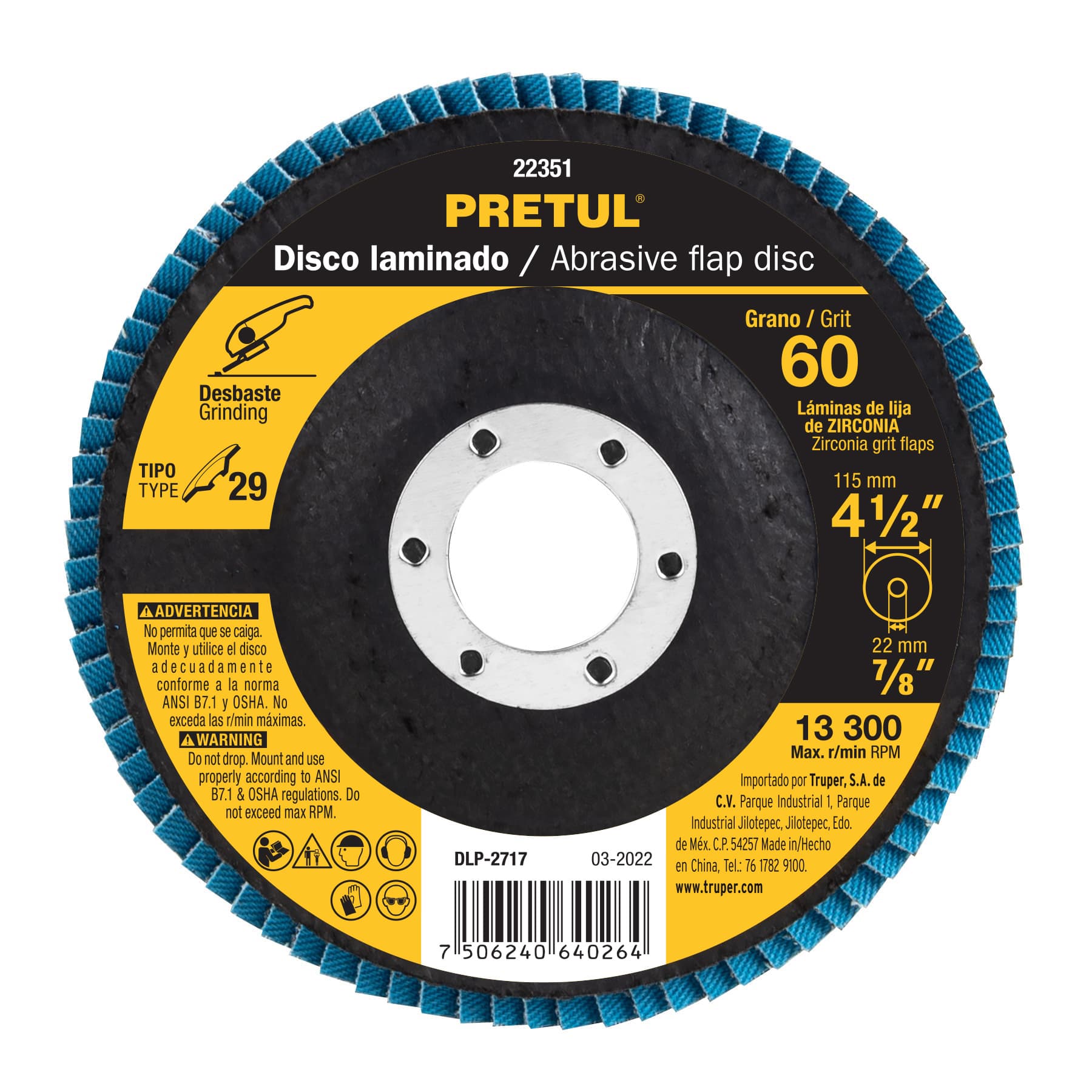 Disco laminado, 4-1/2", grano 60, centro 7/8", Pretul