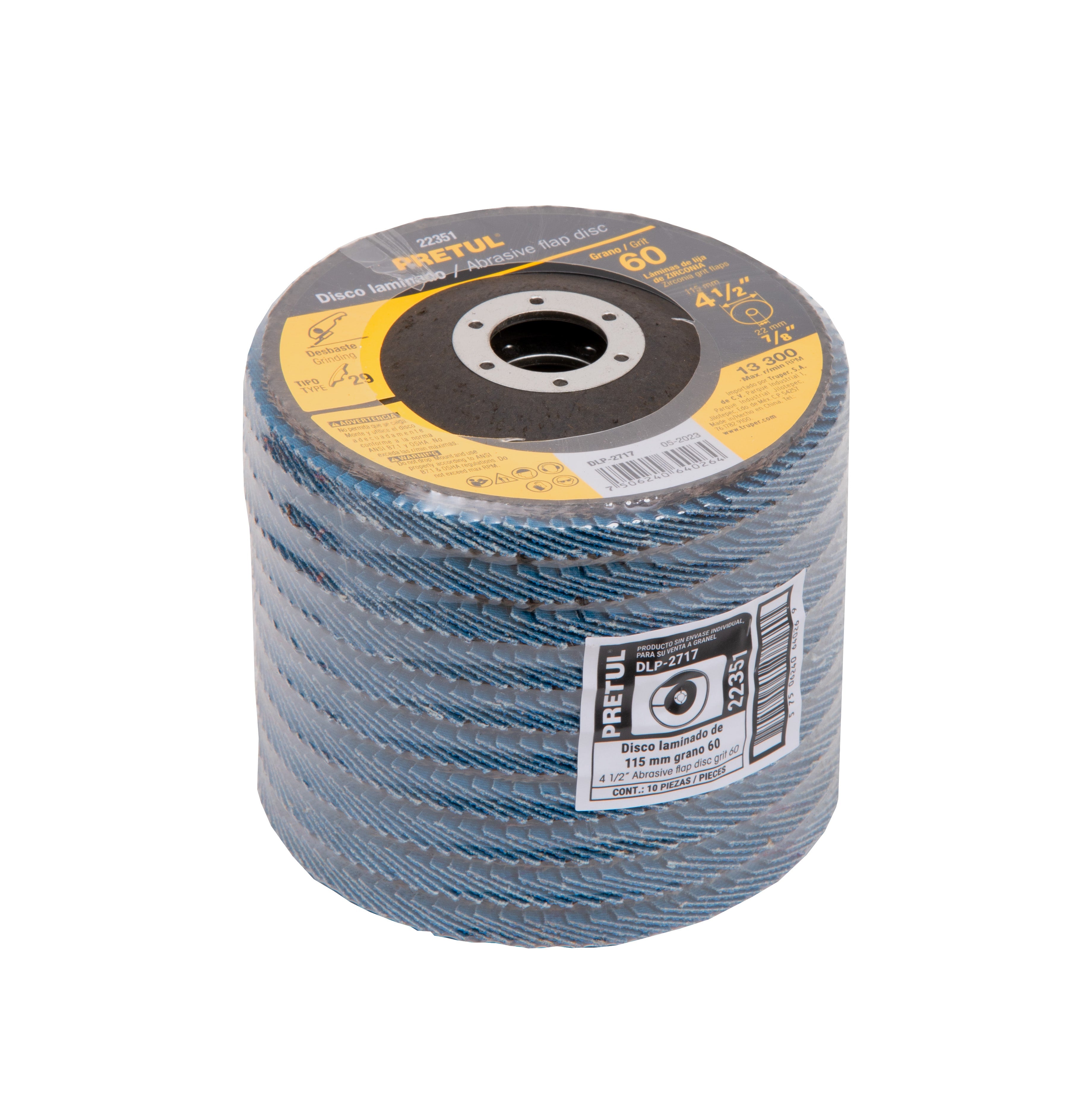 Disco laminado, 4-1/2", grano 60, centro 7/8", Pretul