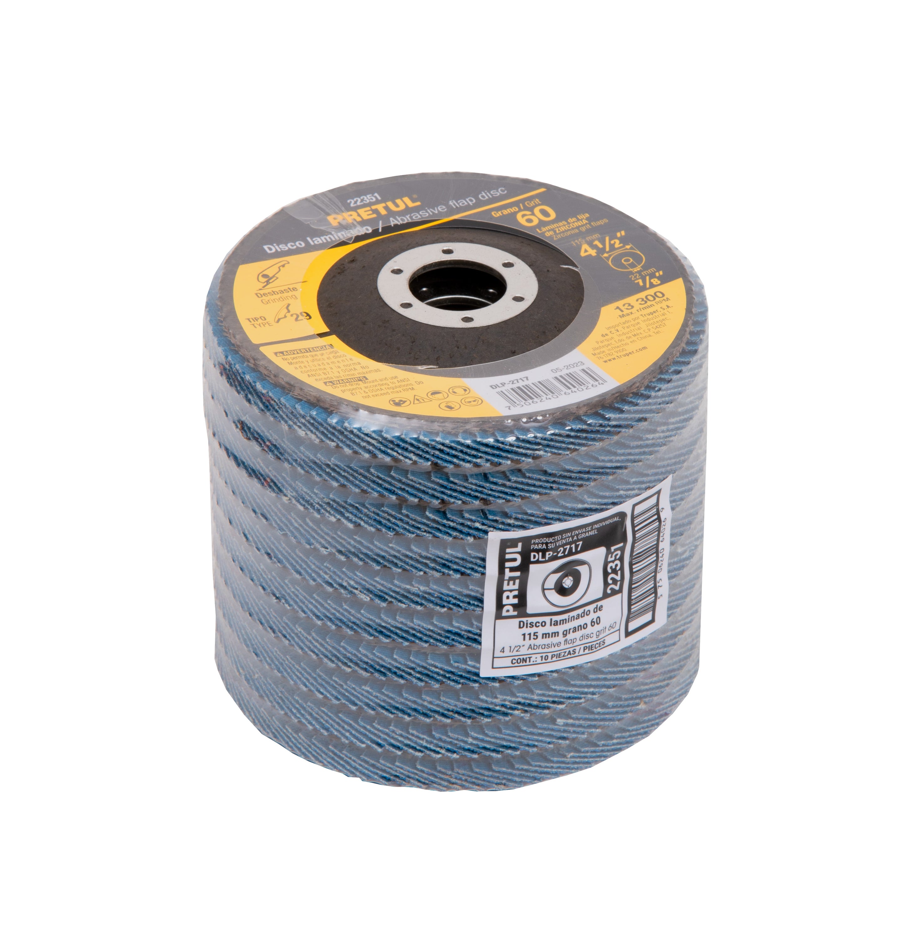 Disco laminado, 4-1/2", grano 60, centro 7/8", Pretul