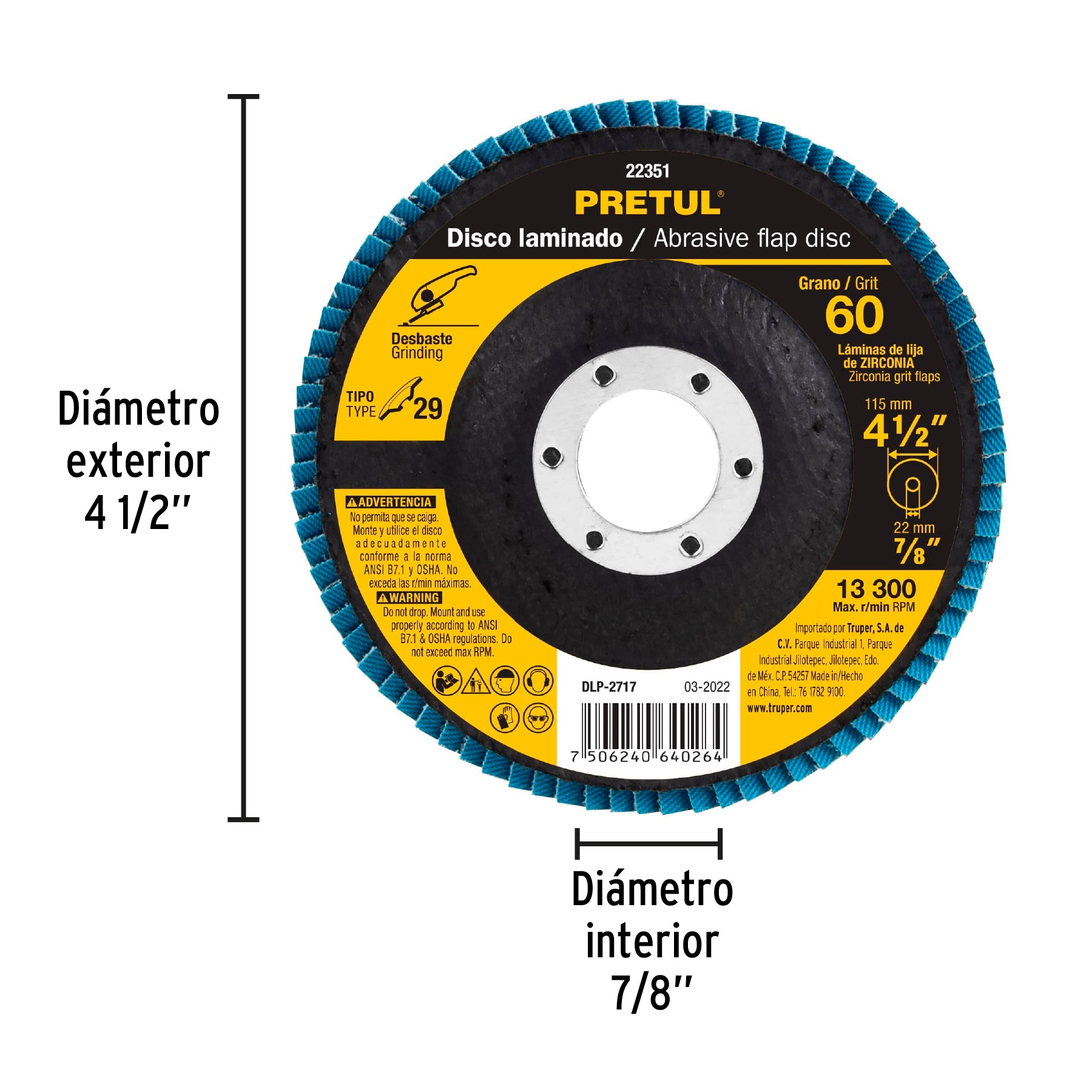 Disco laminado, 4-1/2", grano 60, centro 7/8", Pretul