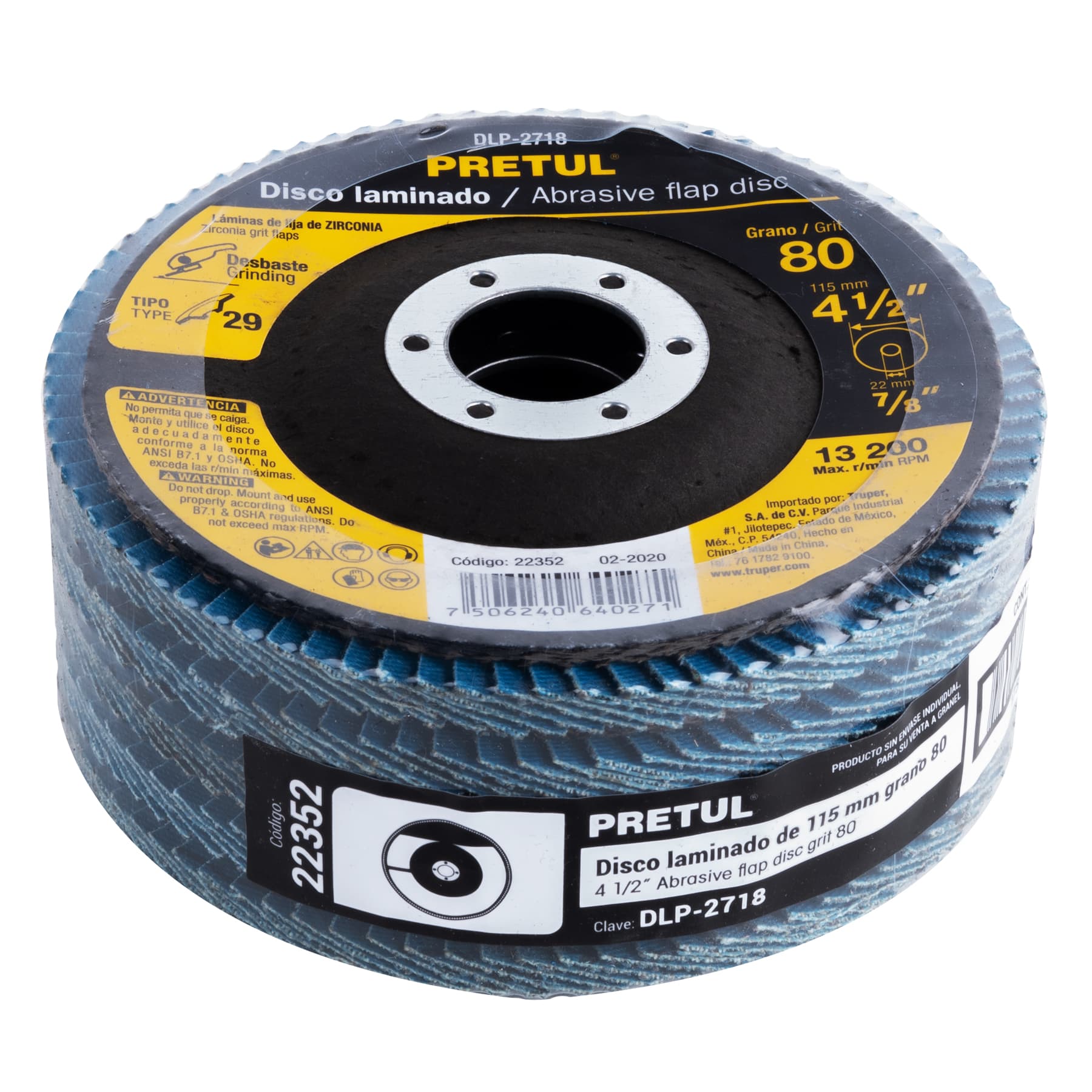 Disco laminado, 4-1/2", grano 80, centro 7/8", Pretul