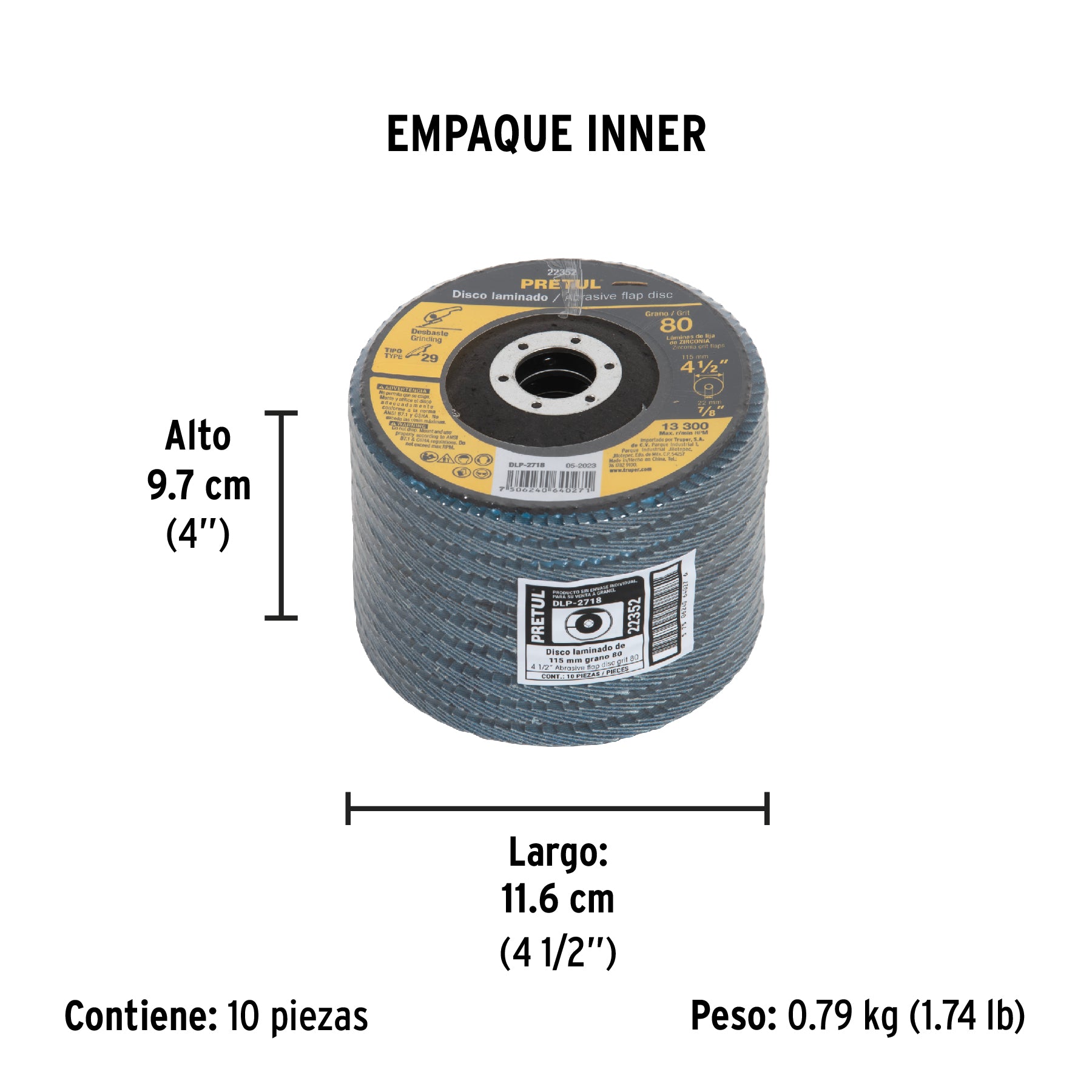 Disco laminado, 4-1/2", grano 80, centro 7/8", Pretul
