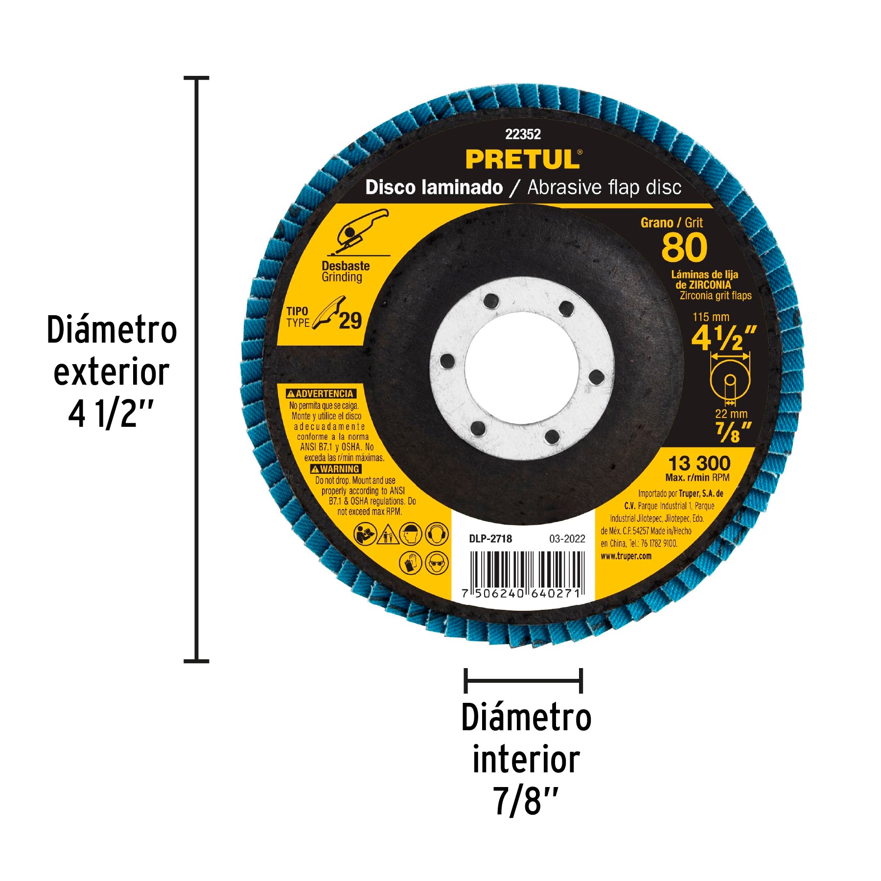 Disco laminado, 4-1/2", grano 80, centro 7/8", Pretul
