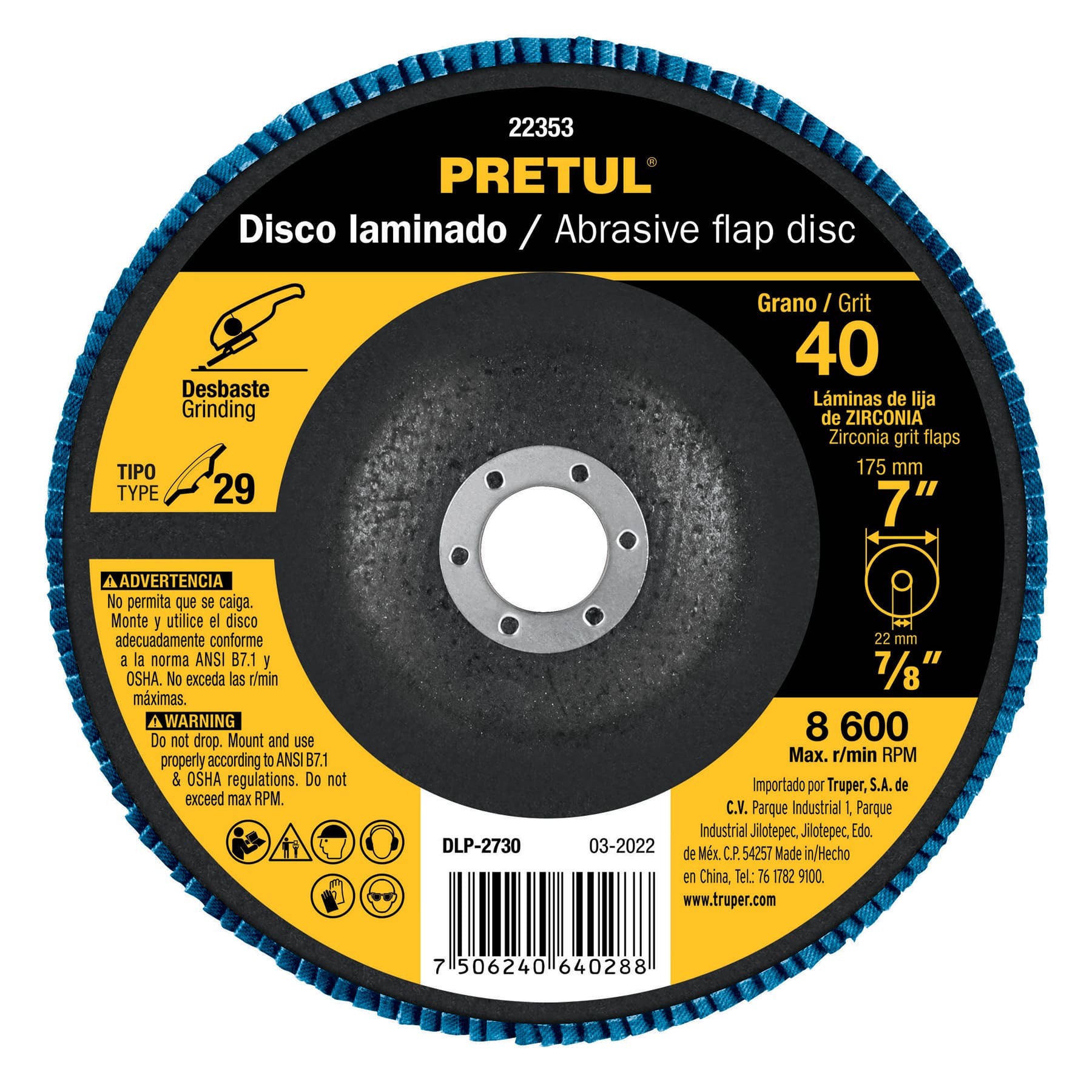 Disco laminado, 7", grano 40, centro 7/8", Pretul