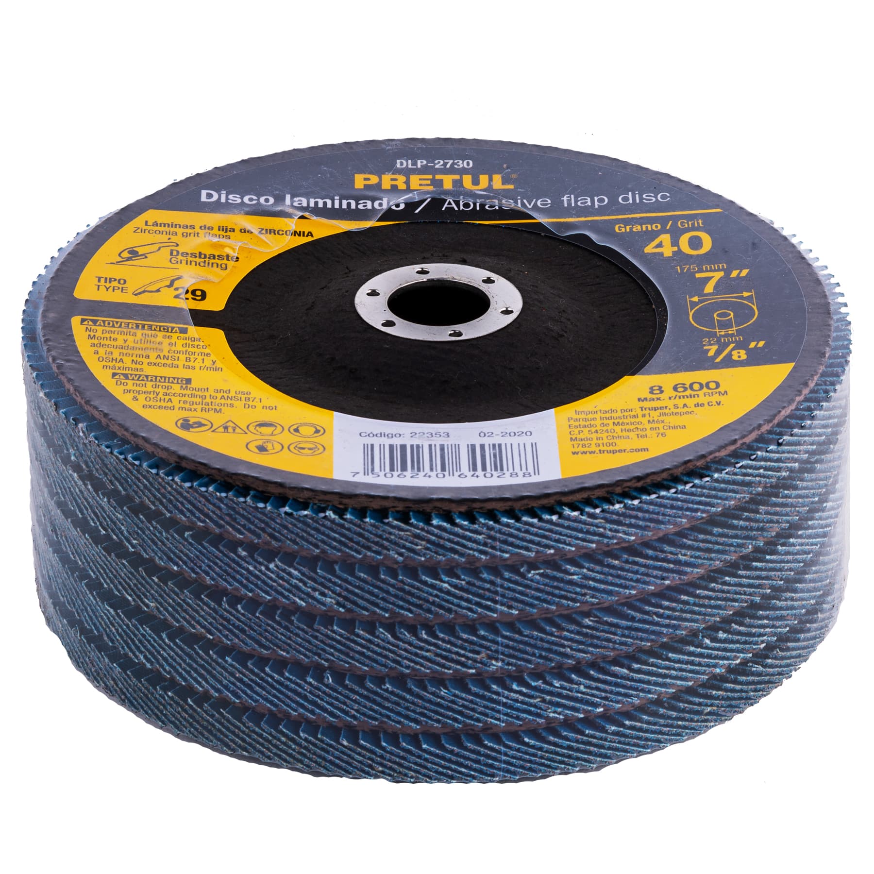 Disco laminado, 7", grano 40, centro 7/8", Pretul