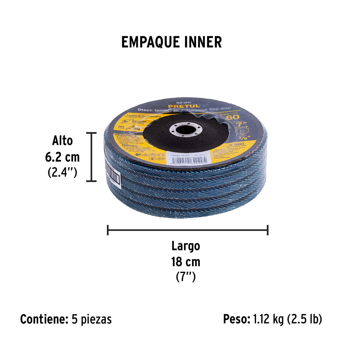 Disco laminado, 7", grano 60, centro 7/8", Pretul