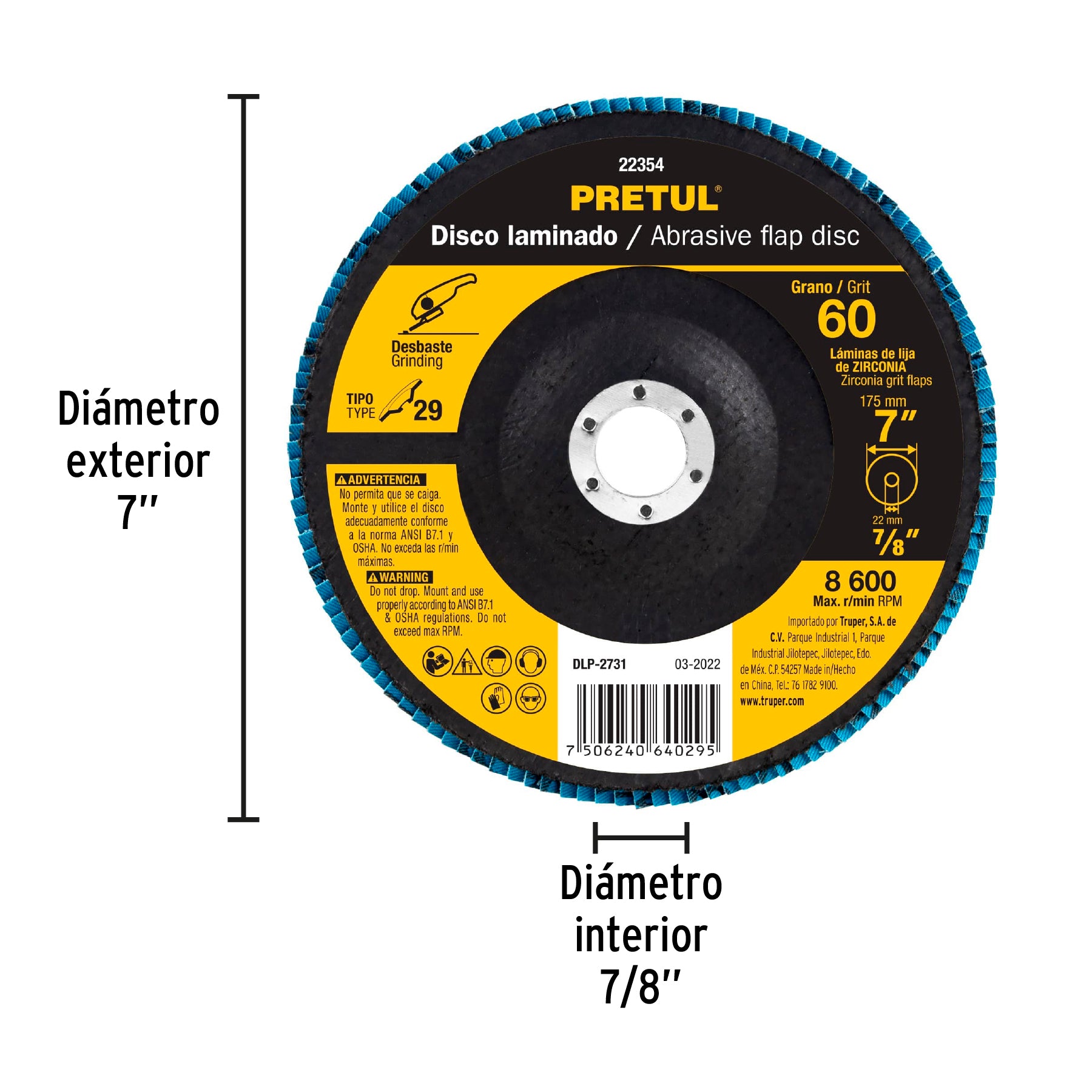 Disco laminado, 7", grano 60, centro 7/8", Pretul
