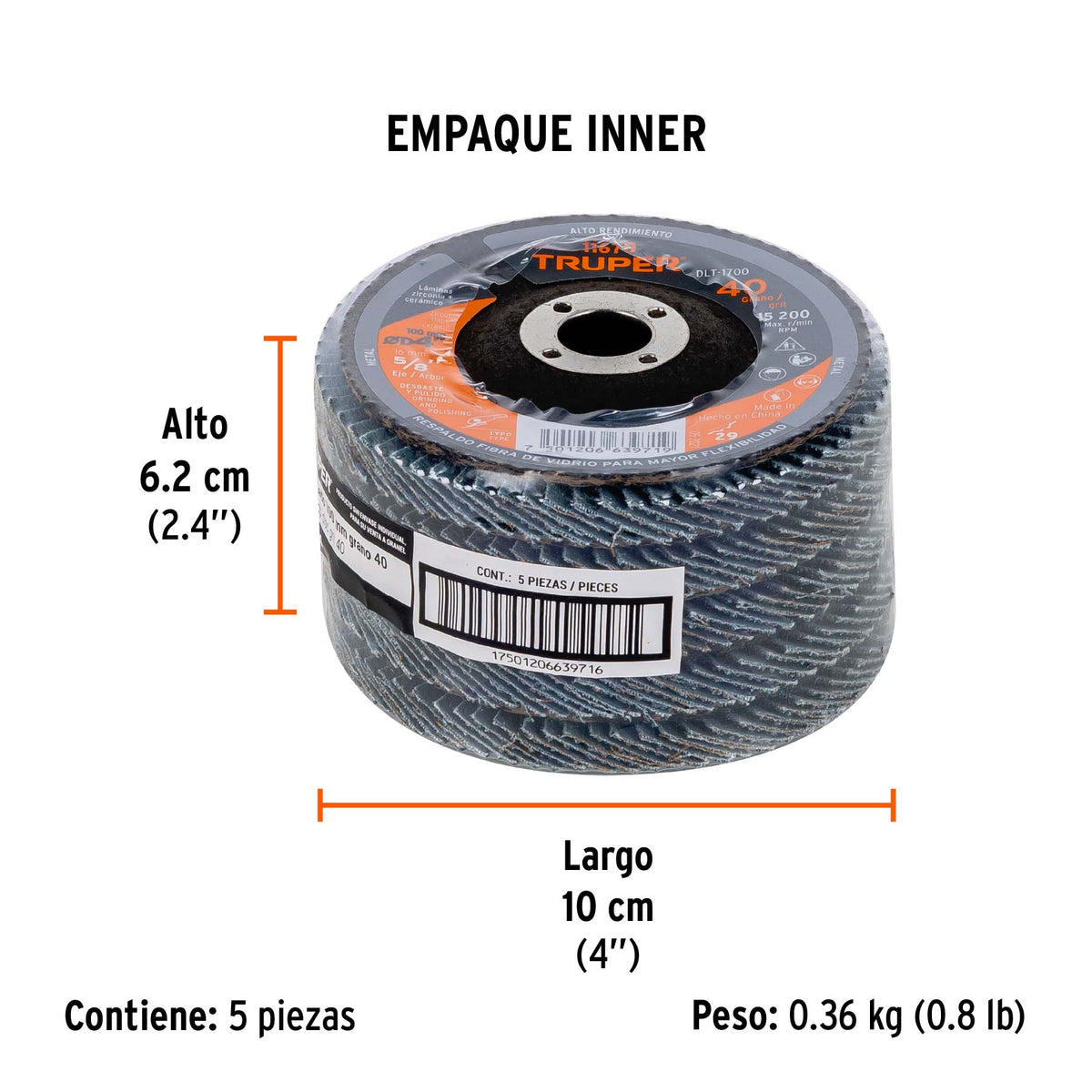 Disco laminado, tipo 29, diámetro 4", grano 40, centro 5/8"