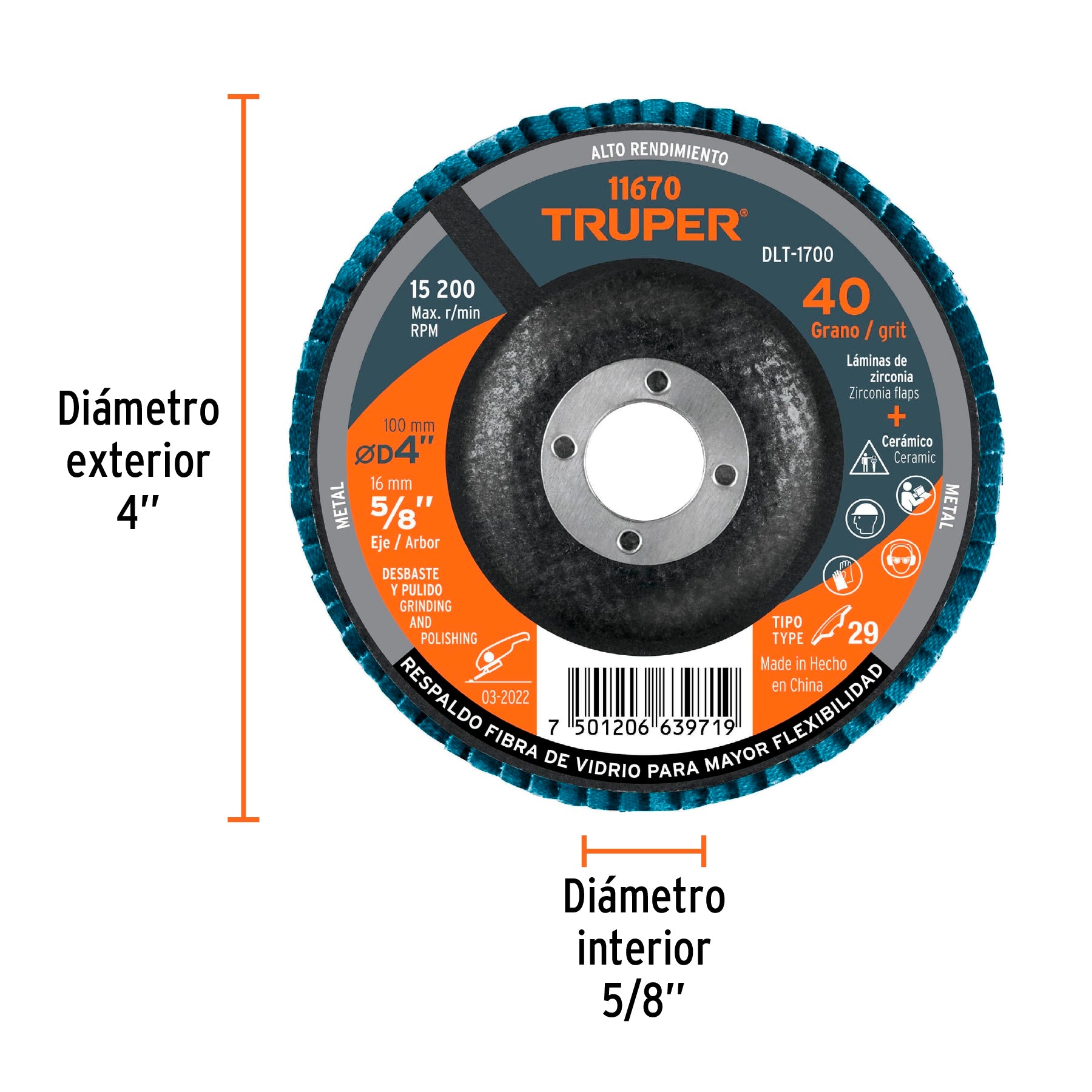 Disco laminado, tipo 29, diámetro 4", grano 40, centro 5/8"