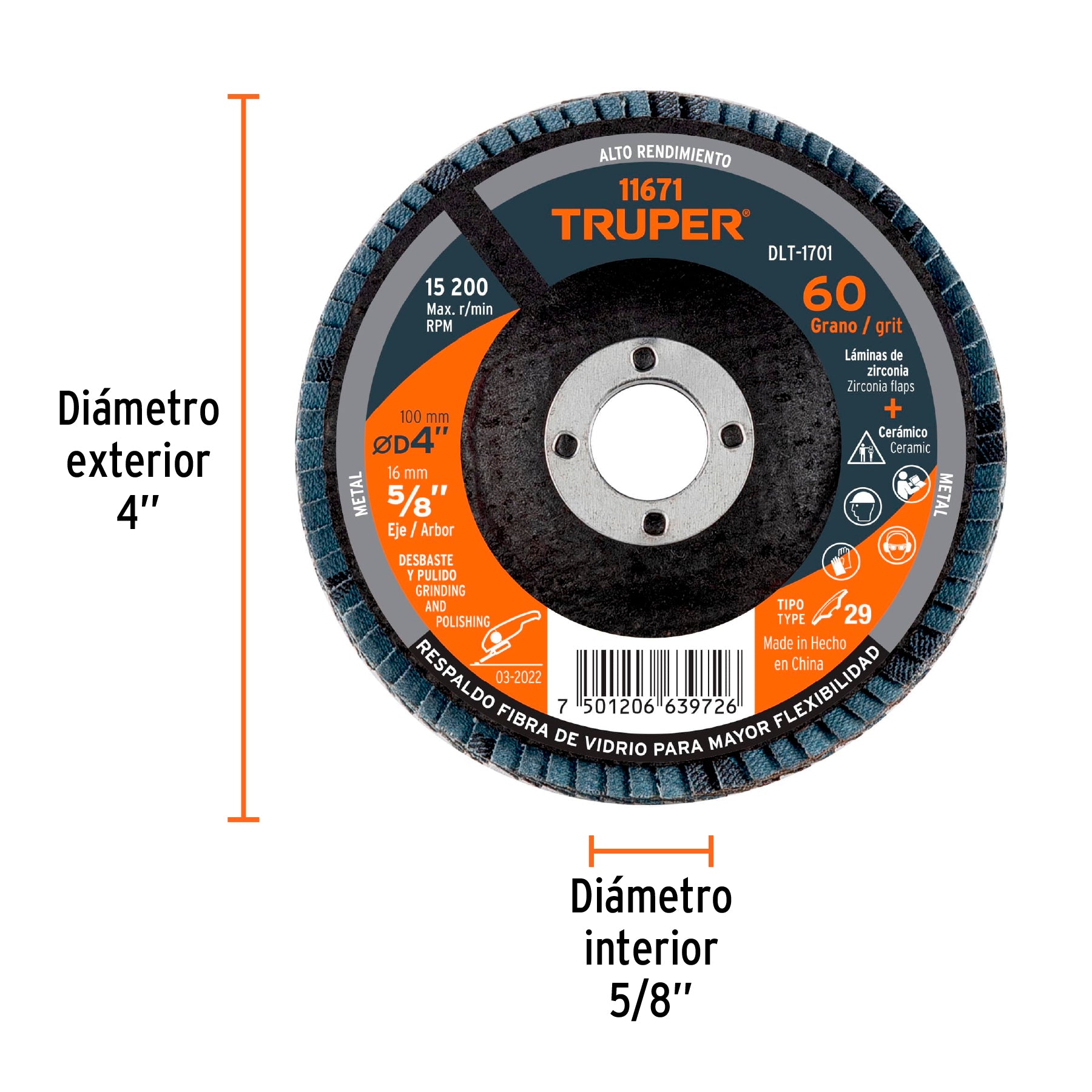 Disco laminado, tipo 29, diámetro 4", grano 60, centro 5/8"