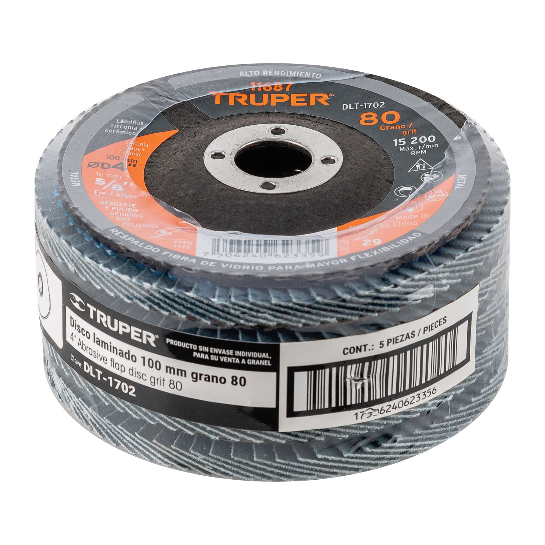 Disco laminado, 4", grano 80, centro 5/8"