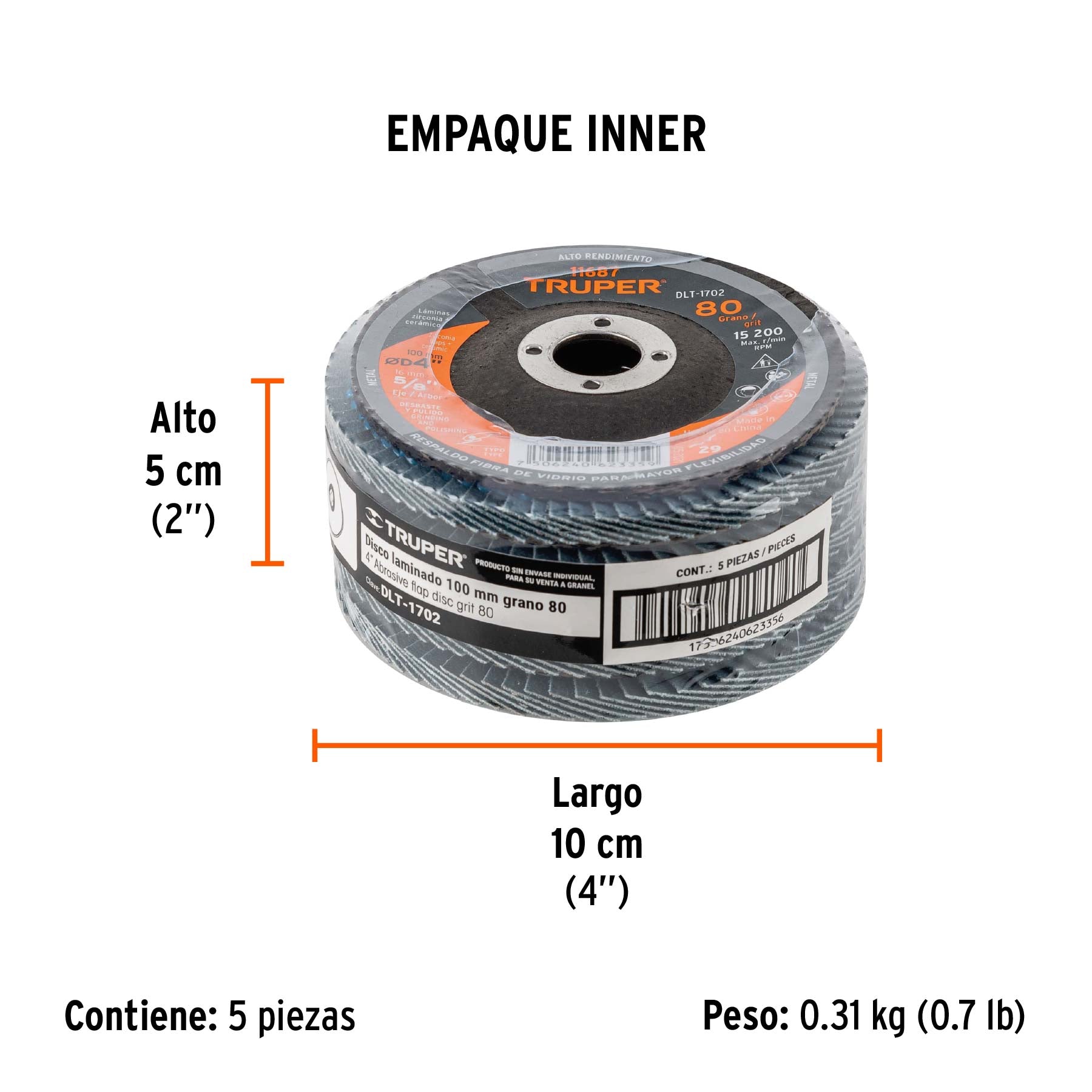 Disco laminado, 4", grano 80, centro 5/8"