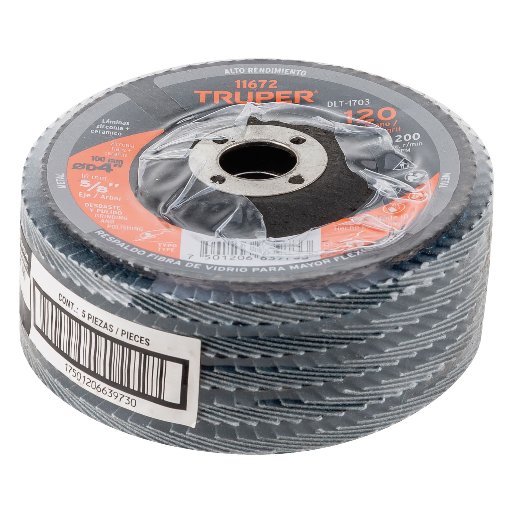 Disco laminado, tipo 29, diámetro 4", grano 120, centro 5/8"